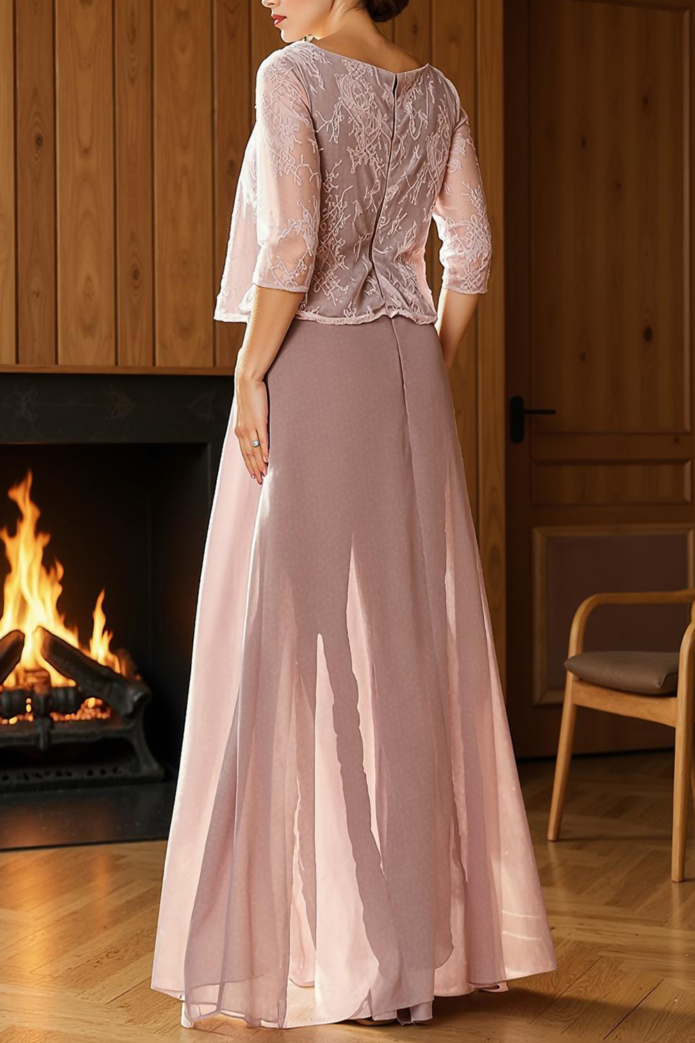 Dusty Rose Boat Neck Chiffon 2-Piece Mother of the Bride Pant Suits with Slit
