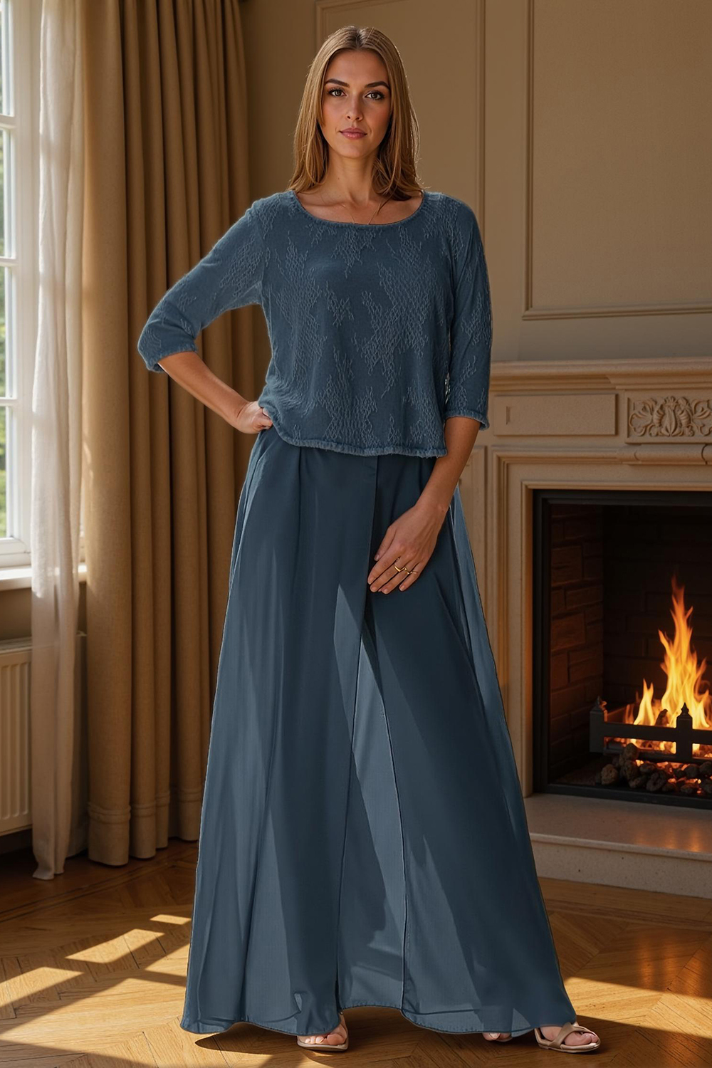 Dusty Rose Boat Neck Chiffon 2-Piece Mother of the Bride Pant Suits with Slit