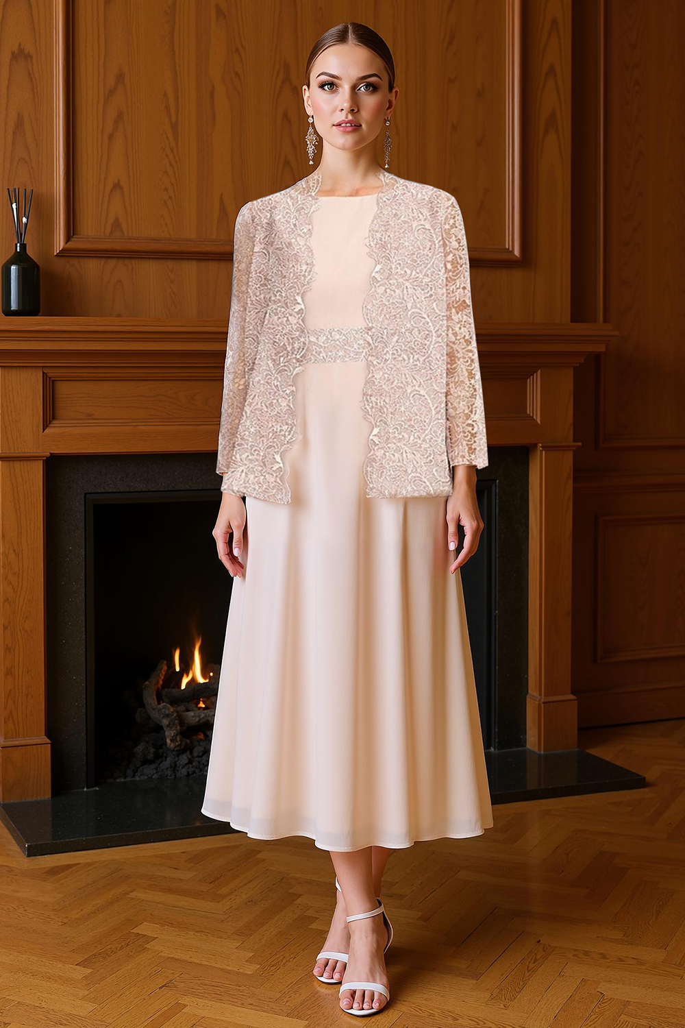 Blush Pink Boat Neck Chiffon Tea-Length 2-Piece Mother of the Bride Dress with Jacket