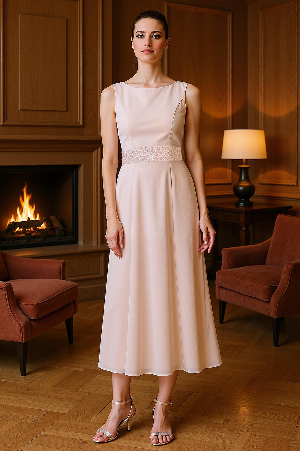 Blush Pink Boat Neck Chiffon Tea-Length 2-Piece Mother of the Bride Dress with Jacket