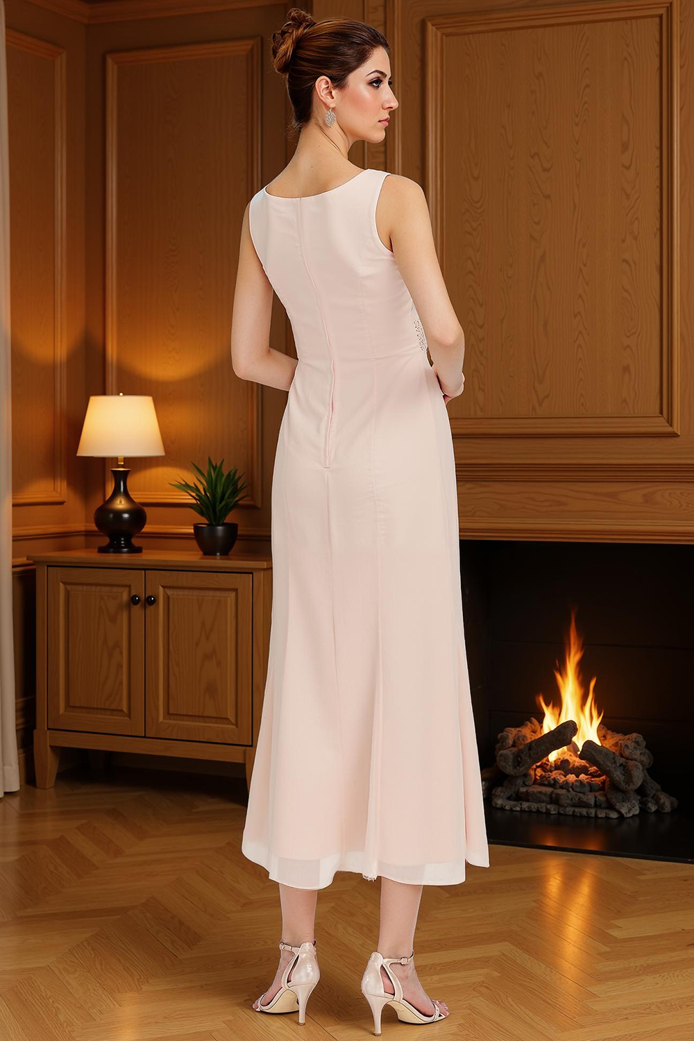Blush Pink Boat Neck Chiffon Tea-Length 2-Piece Mother of the Bride Dress with Jacket