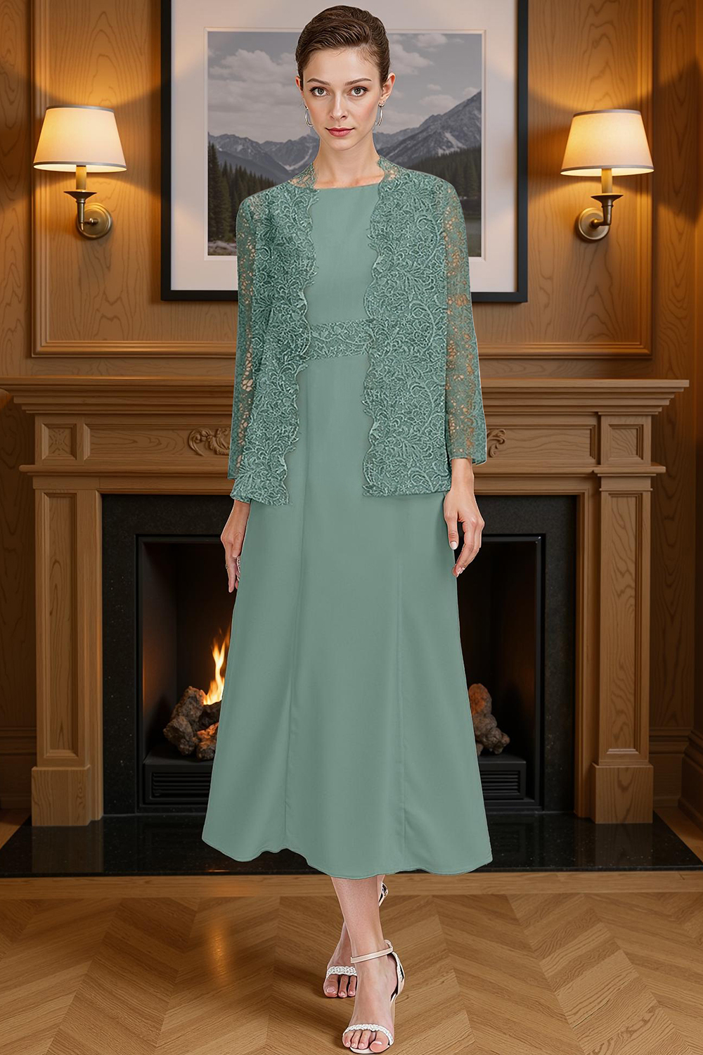 Blush Pink Boat Neck Chiffon Tea-Length 2-Piece Mother of the Bride Dress with Jacket