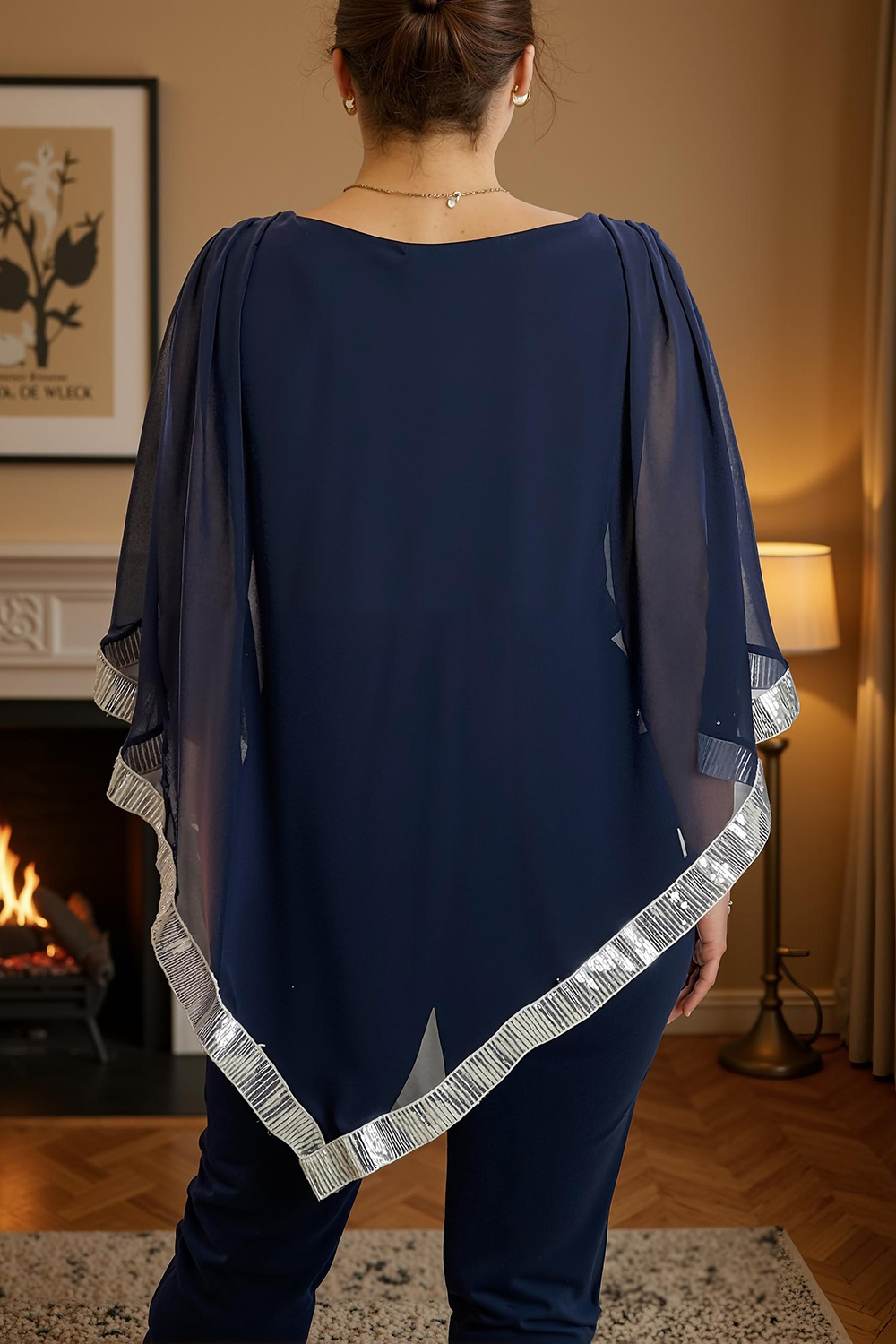 Sparkly Navy Boat Neck Chiffon 2-Piece Mother of the Bride Pant Suits with Sequins