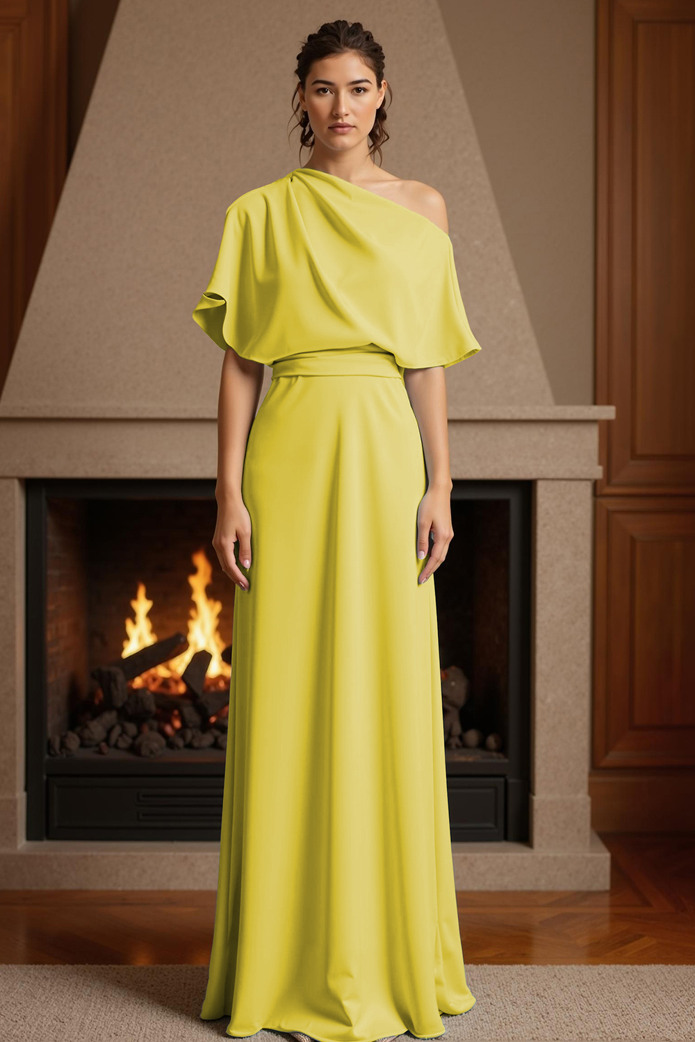 Yellow Satin Sheath One Shoulder Floor-Length Mother of the Bride Dress