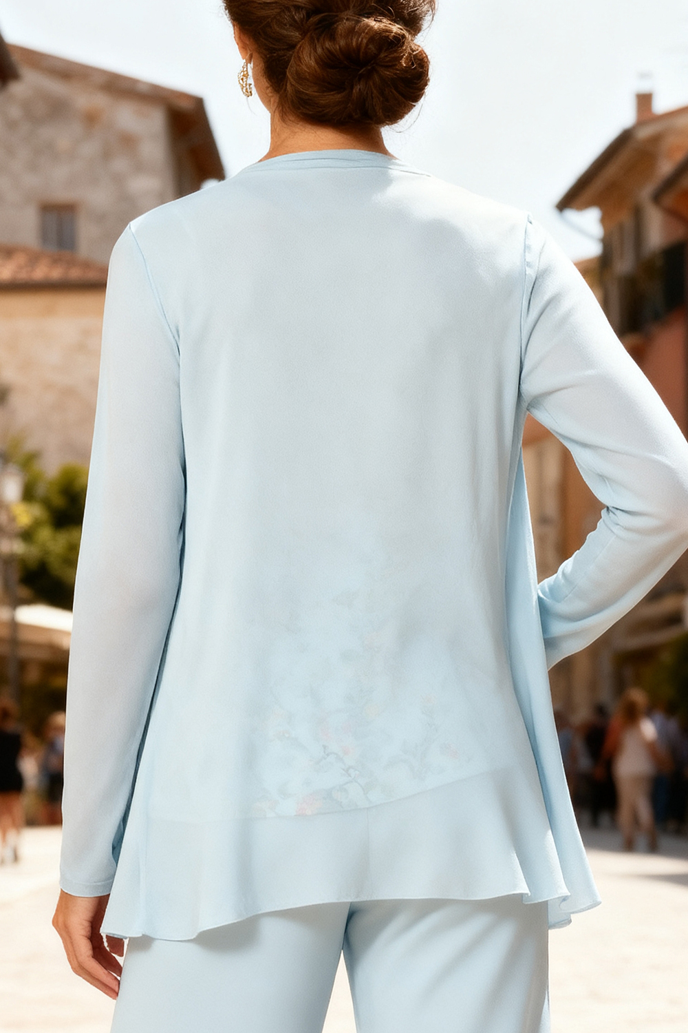 Light Blue Chiffon Floral 3-Piece Mother Of The Bride Pant Suits with Jacket