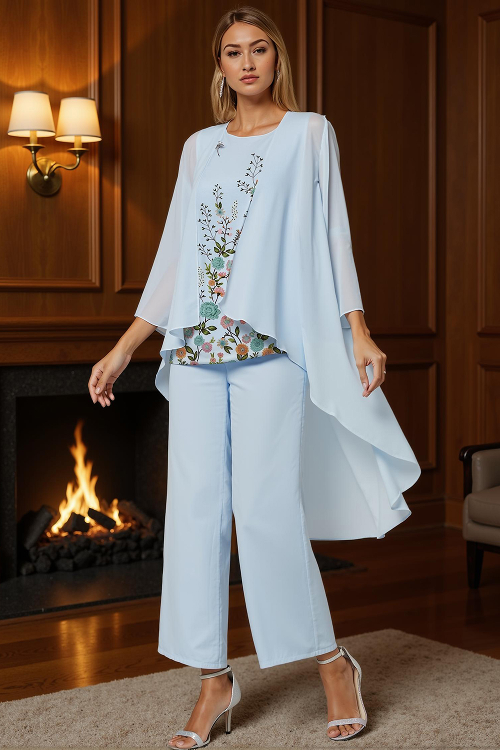 Light Blue Floral Boat Neck Chiffon 3-Piece Mother of the Bride Pant Suits with Sleeves