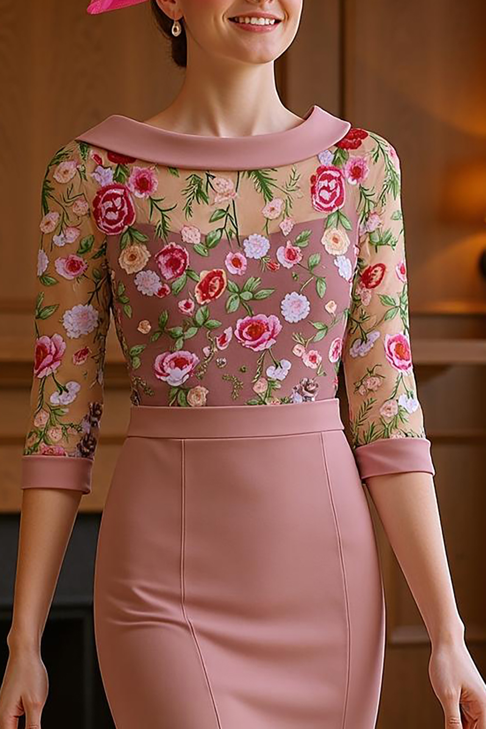 Mint Green Floral Chiffon Mermaid High-Low Mother of the Bride Dress with Sleeves