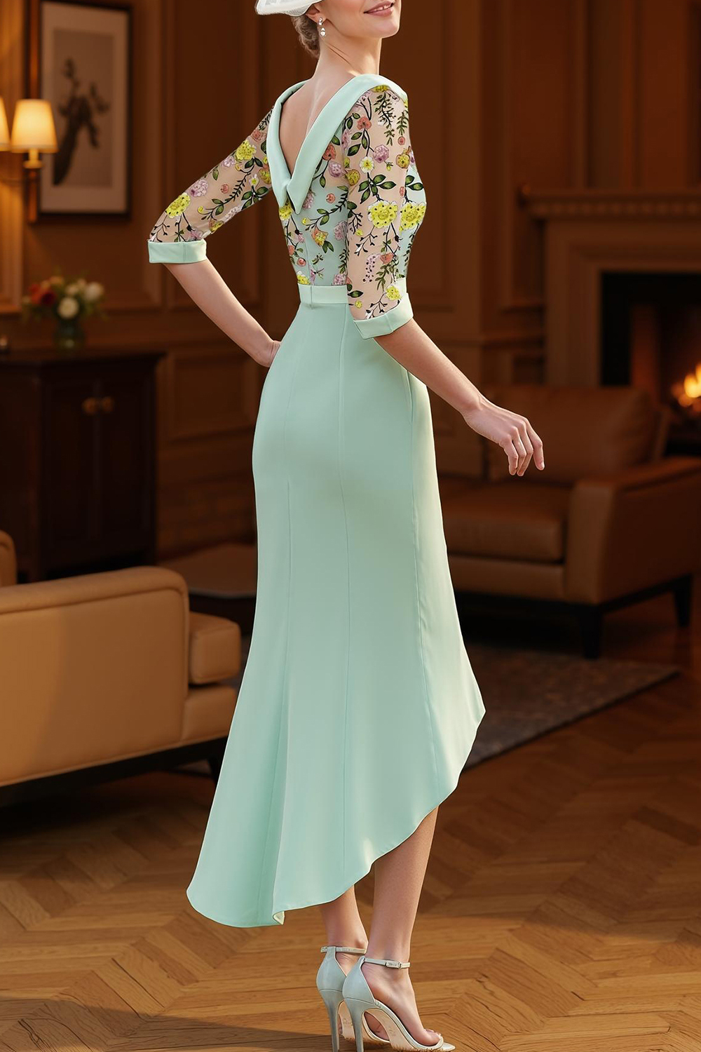 Mint Green Floral Chiffon Mermaid High-Low Mother of the Bride Dress with Sleeves
