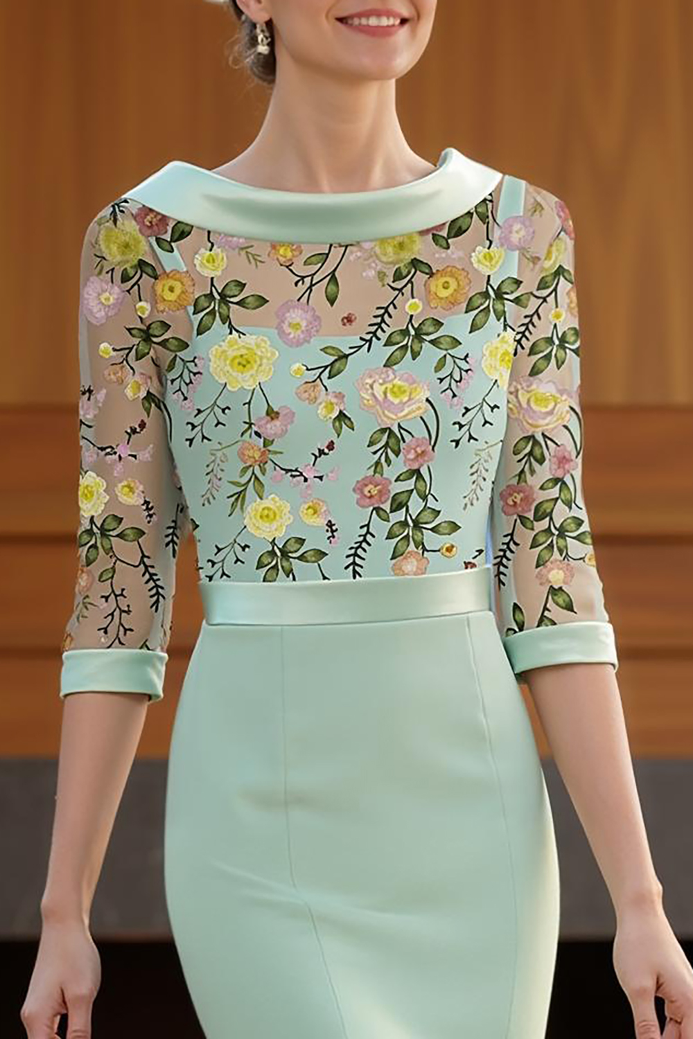 Mint Green Floral Chiffon Mermaid High-Low Mother of the Bride Dress with Sleeves