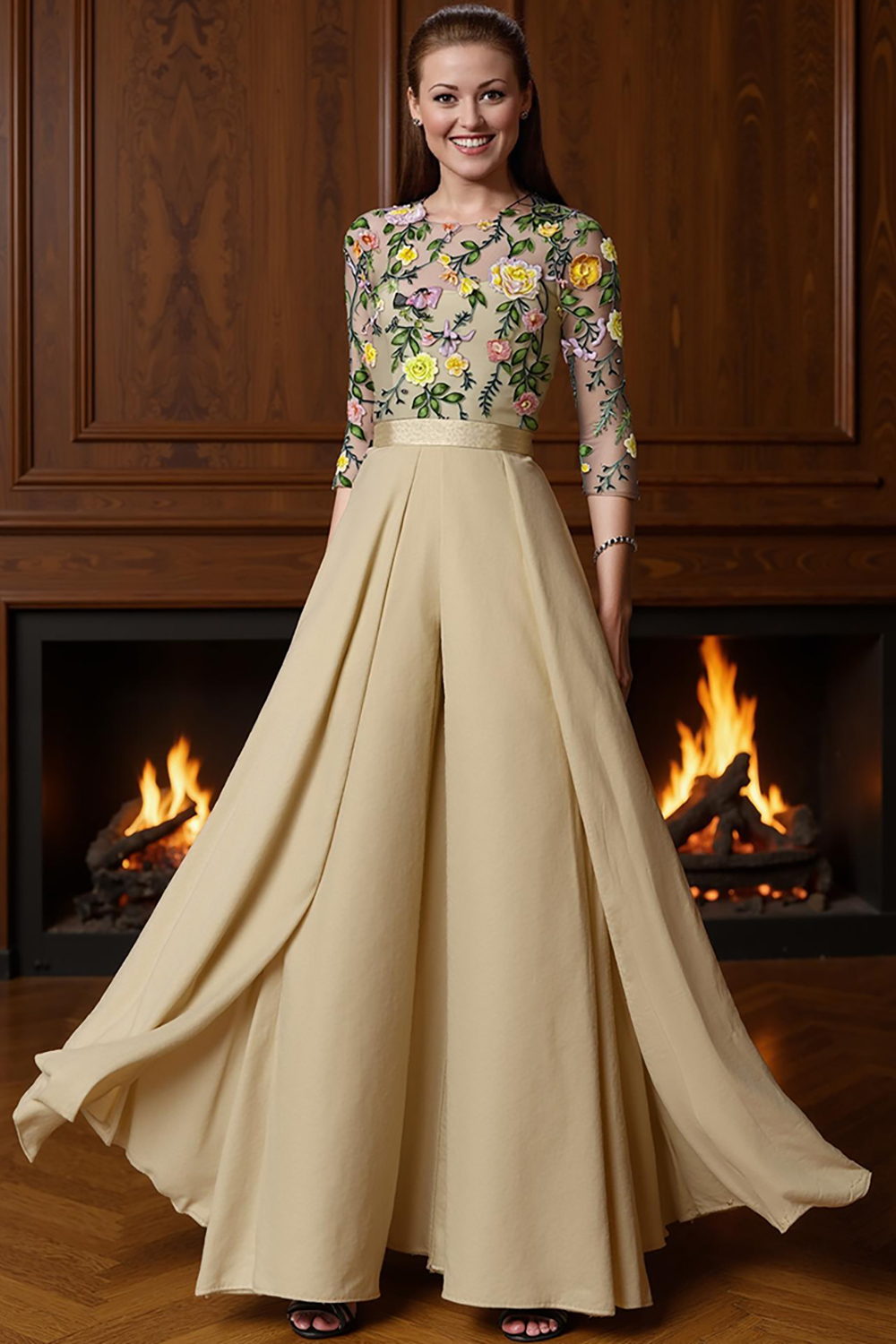 Champagne Floral Boat Neck Floor-Length Mother of the Bride Jumpsuits with Cape