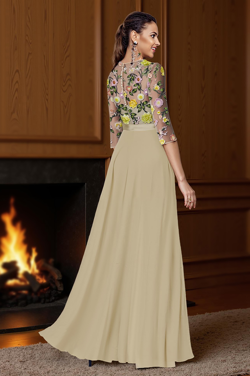Champagne Floral Boat Neck Floor-Length Mother of the Bride Jumpsuits with Cape