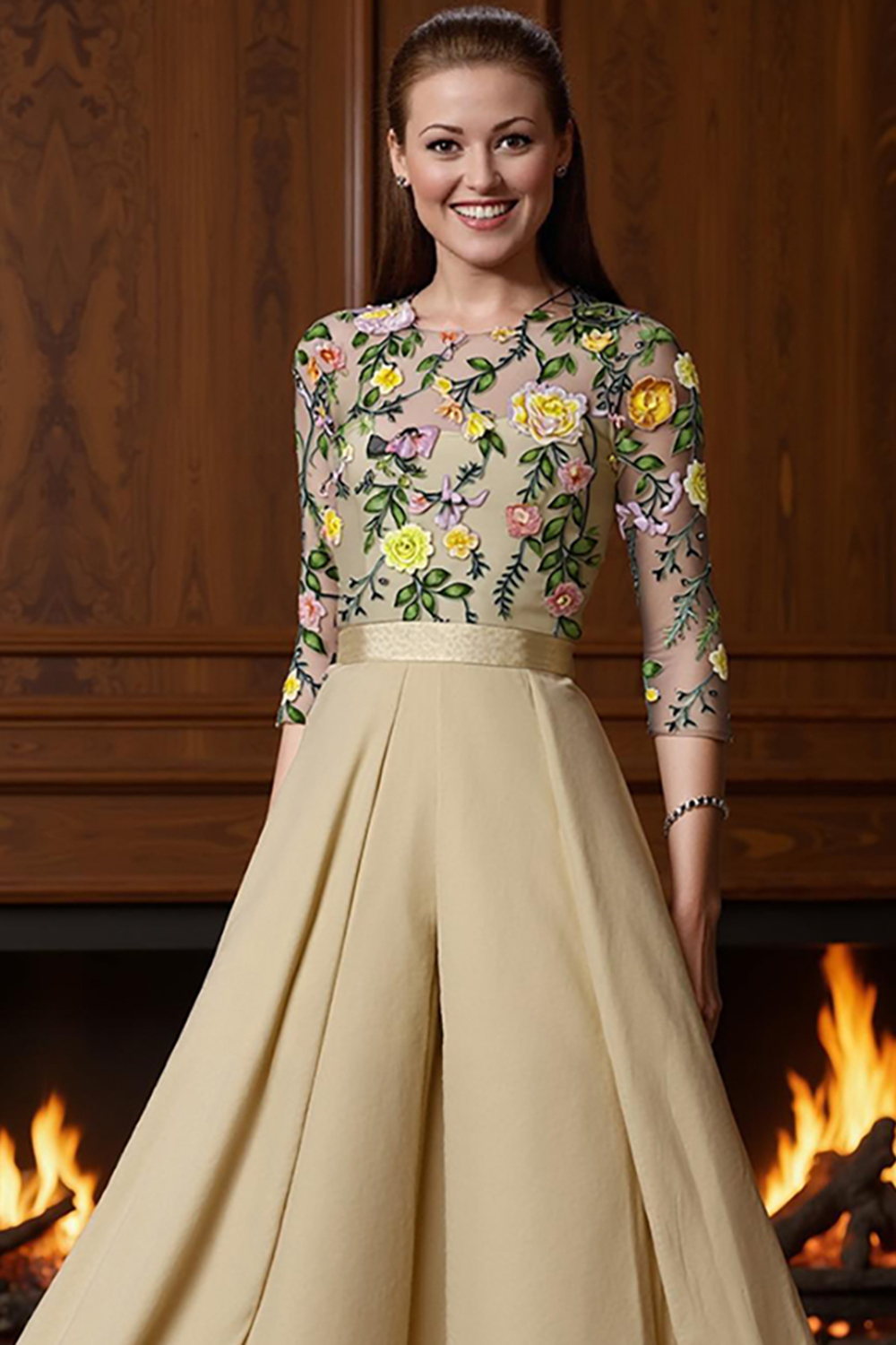 Champagne Floral Boat Neck Floor-Length Mother of the Bride Jumpsuits with Cape