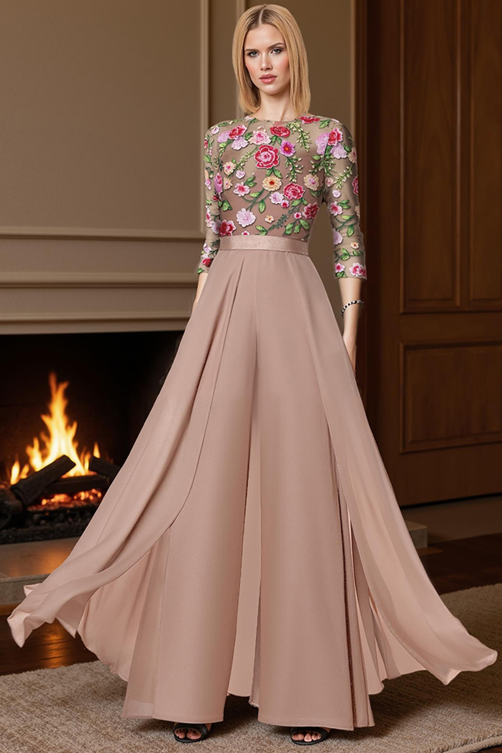 Champagne Floral Boat Neck Floor-Length Mother of the Bride Jumpsuits with Cape