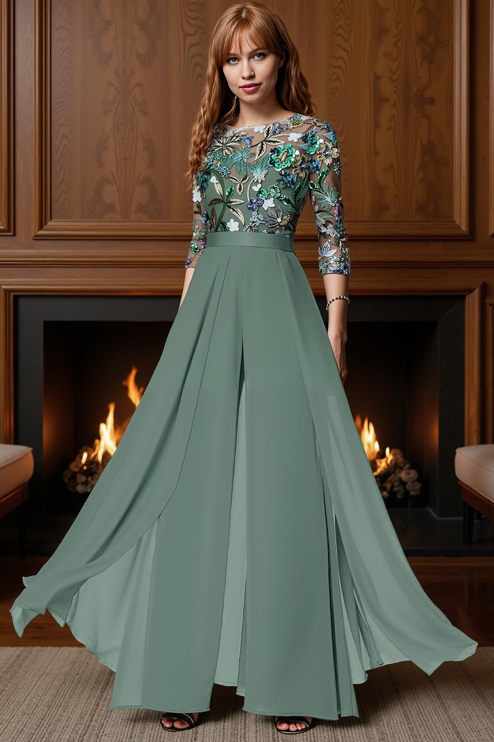 Sparkly Black Floral Chiffon Floor-Length Mother of the Bride Jumpsuits with Cape