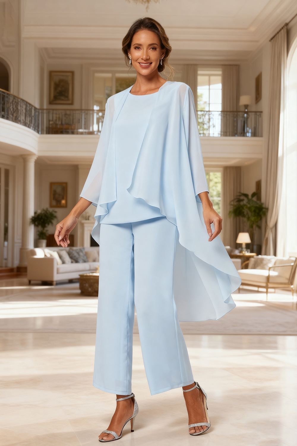 Light Blue Chiffon Boat Neck 3-Piece Mother Of The Bride Pant Suits with Jacket