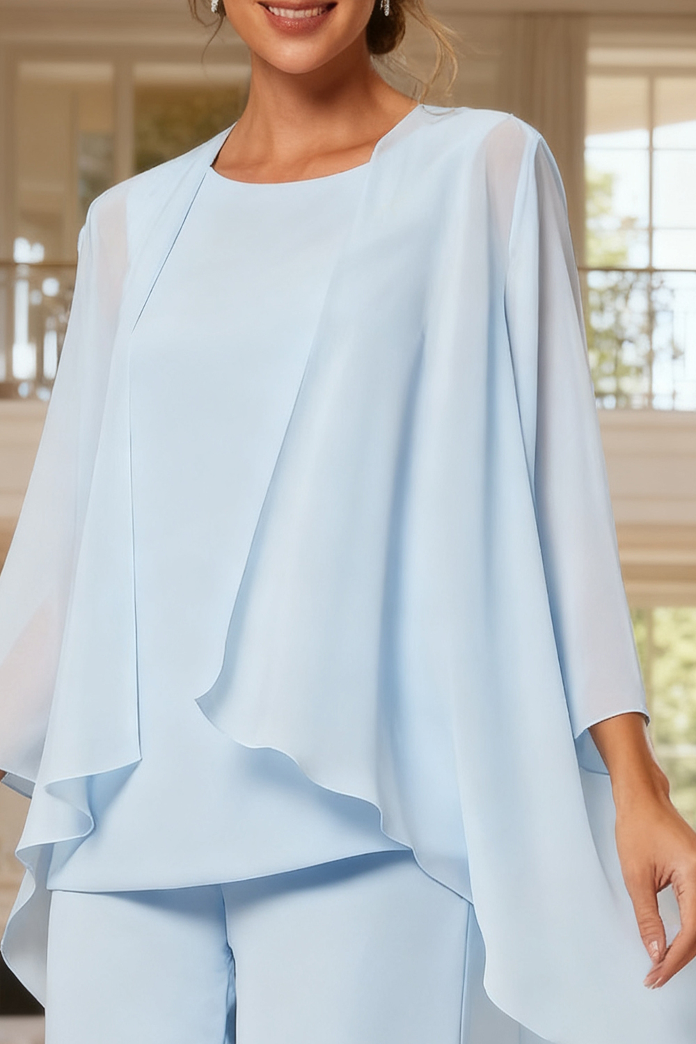 Light Blue Chiffon Boat Neck 3-Piece Mother Of The Bride Pant Suits with Jacket