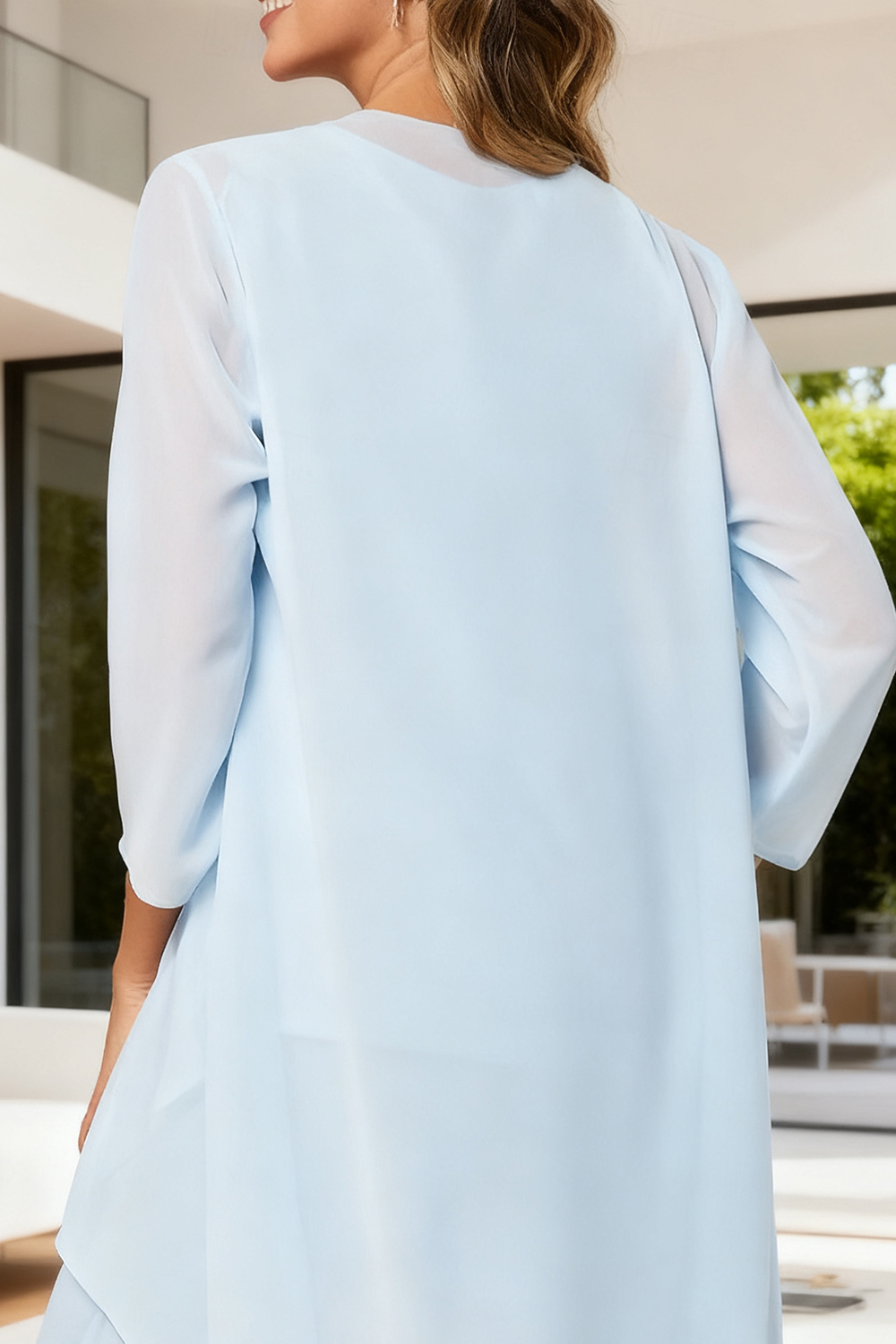 Light Blue Chiffon Boat Neck 3-Piece Mother Of The Bride Pant Suits with Jacket