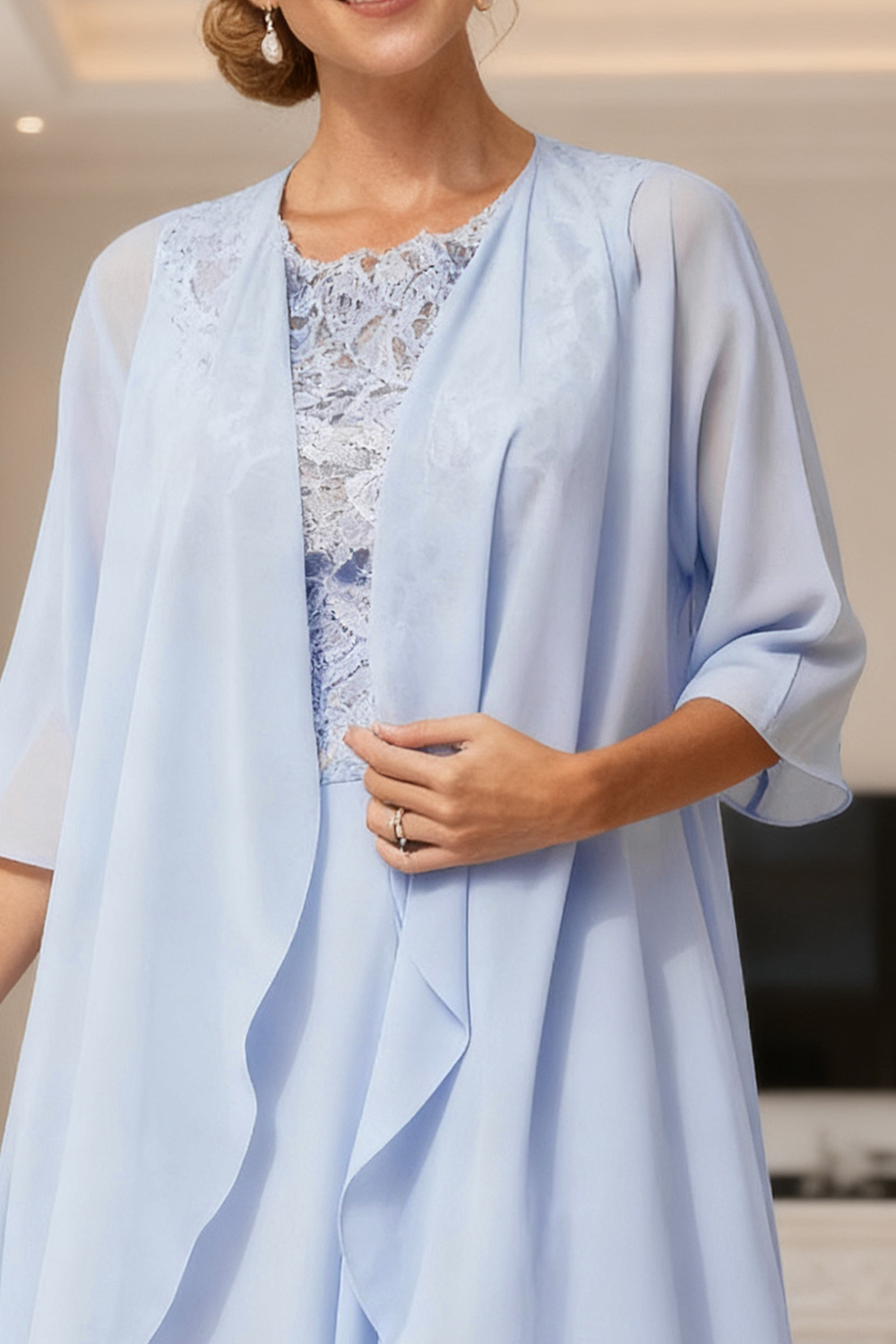 Light Blue Chiffon Boat Neck Tea-Length 2-Piece Mother Of The Bride Dress with Jacket