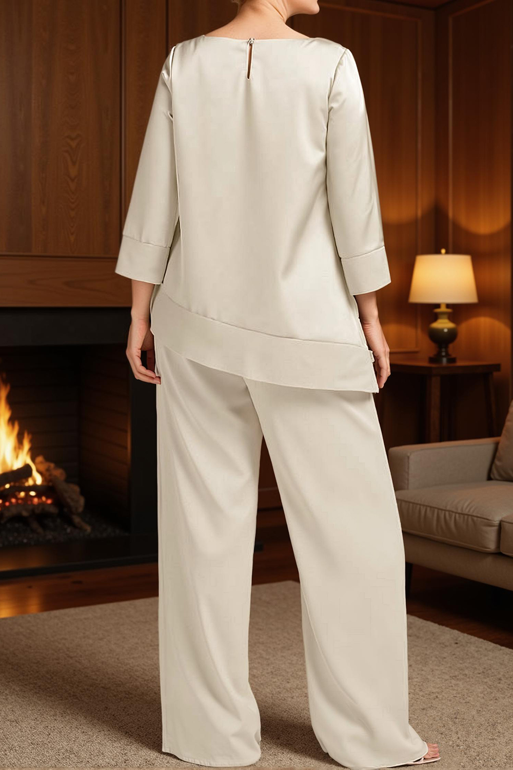 Apricot Satin Bateau Neck 2-Piece Mother of the Bride Pant Suits with Sleeves