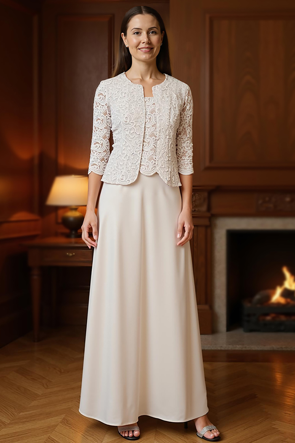 Apricot Chiffon Square Neck Floor-Length 3-Piece Mother of the Bride Dress with Jacket