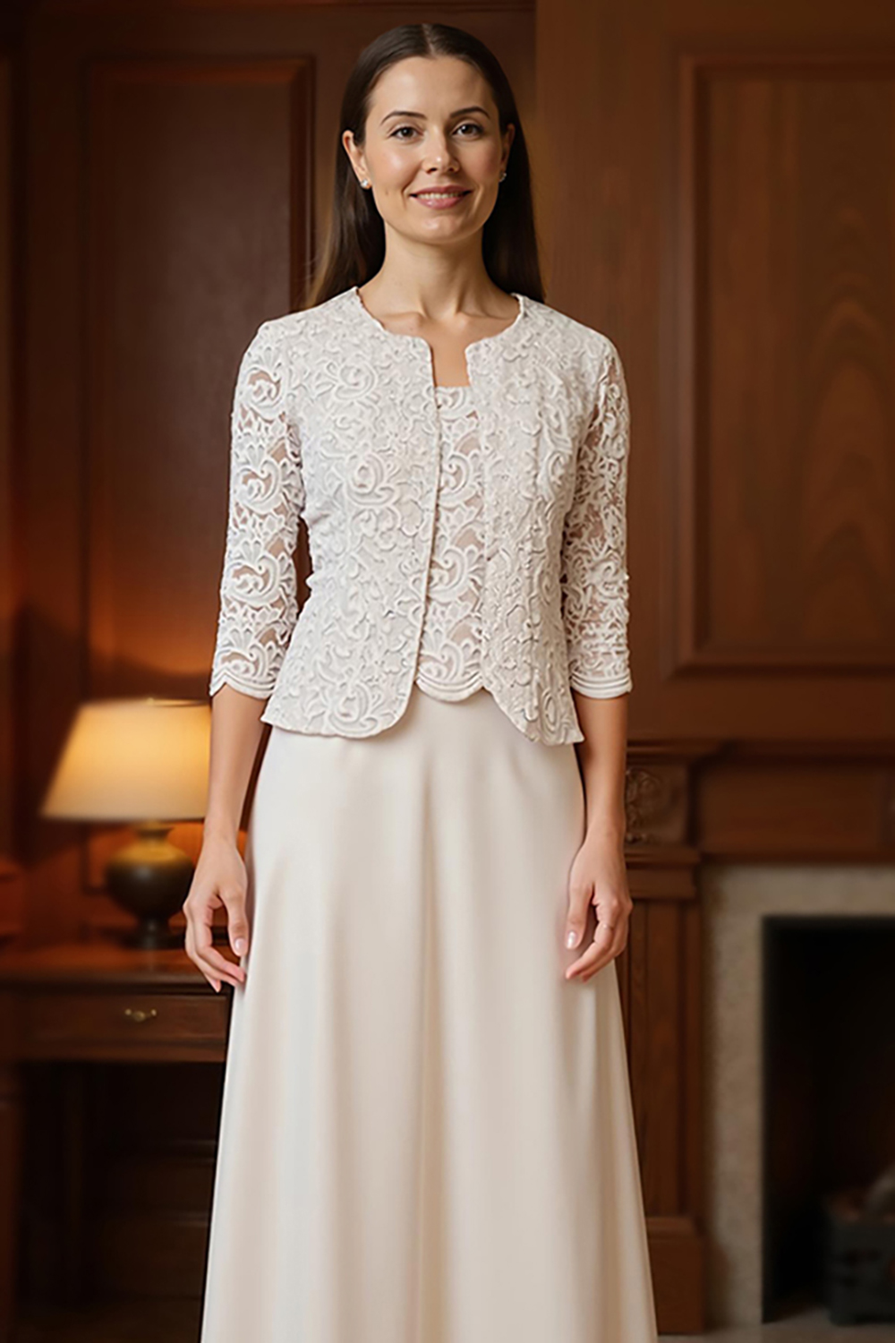 Apricot Chiffon Square Neck Floor-Length 3-Piece Mother of the Bride Dress with Jacket