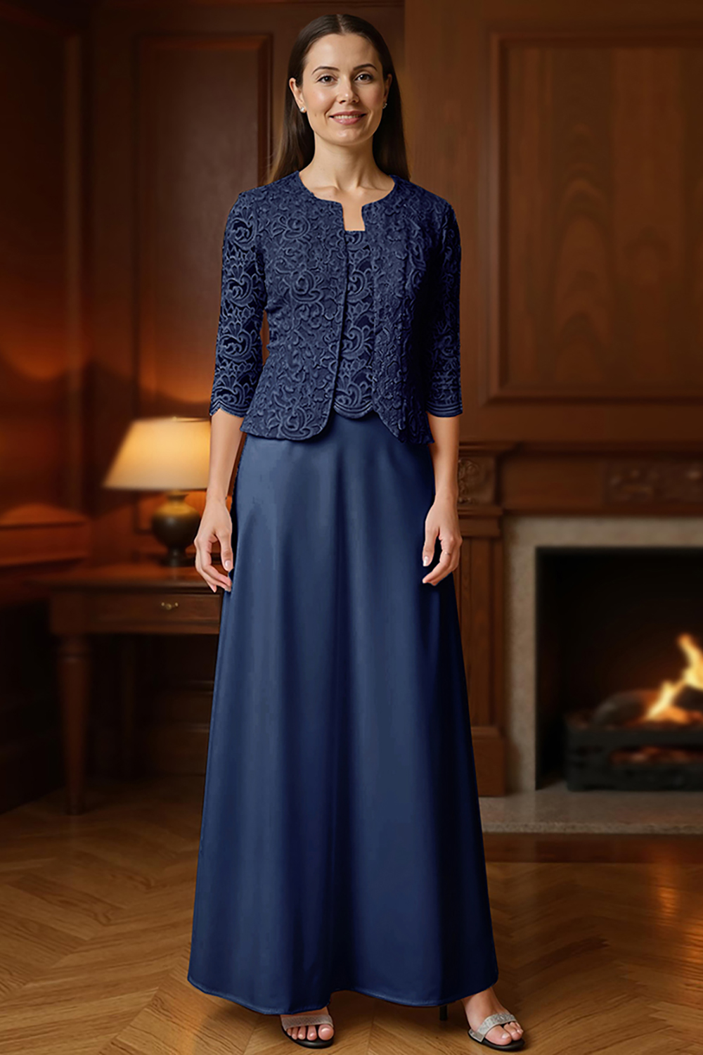 Apricot Chiffon Square Neck Floor-Length 3-Piece Mother of the Bride Dress with Jacket