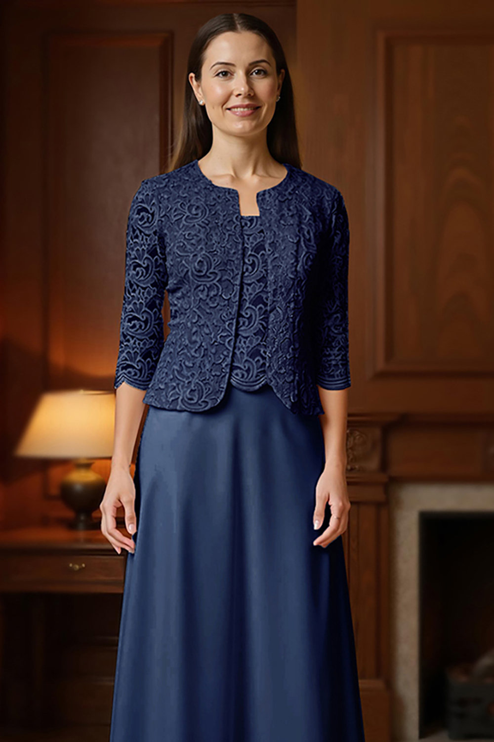 Apricot Chiffon Square Neck Floor-Length 3-Piece Mother of the Bride Dress with Jacket