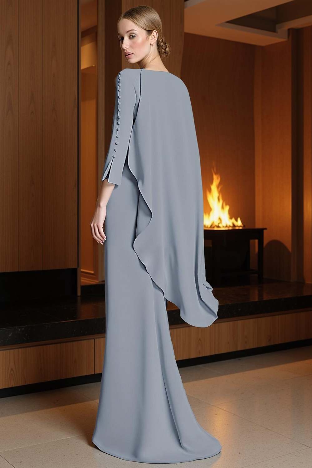 Dusty Blue Chiffon Sheath Floor-Length Mother of the Bride Dress