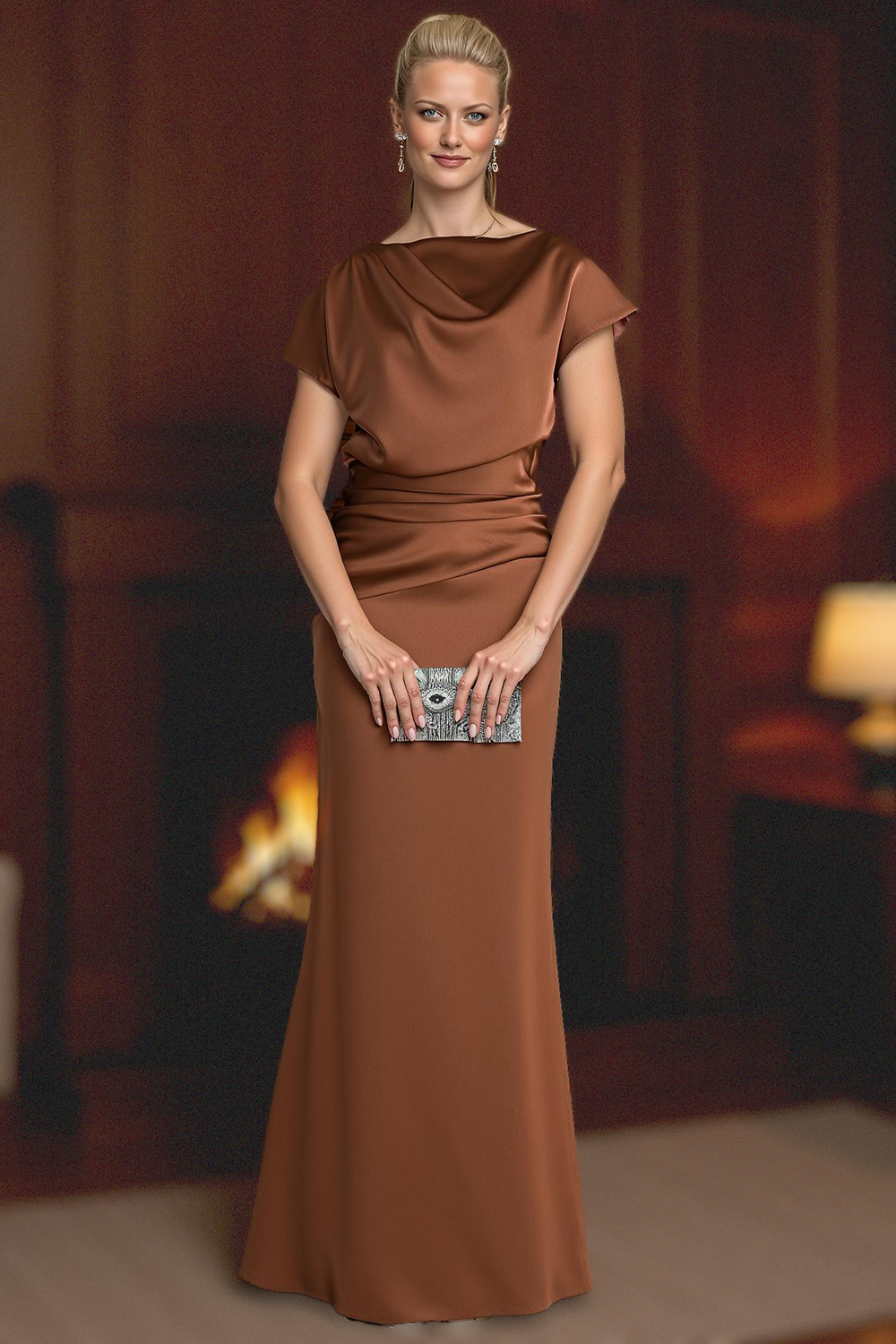 Plum Satin Sheath Floor-Length Mother of the Bride Dress with Sleeves