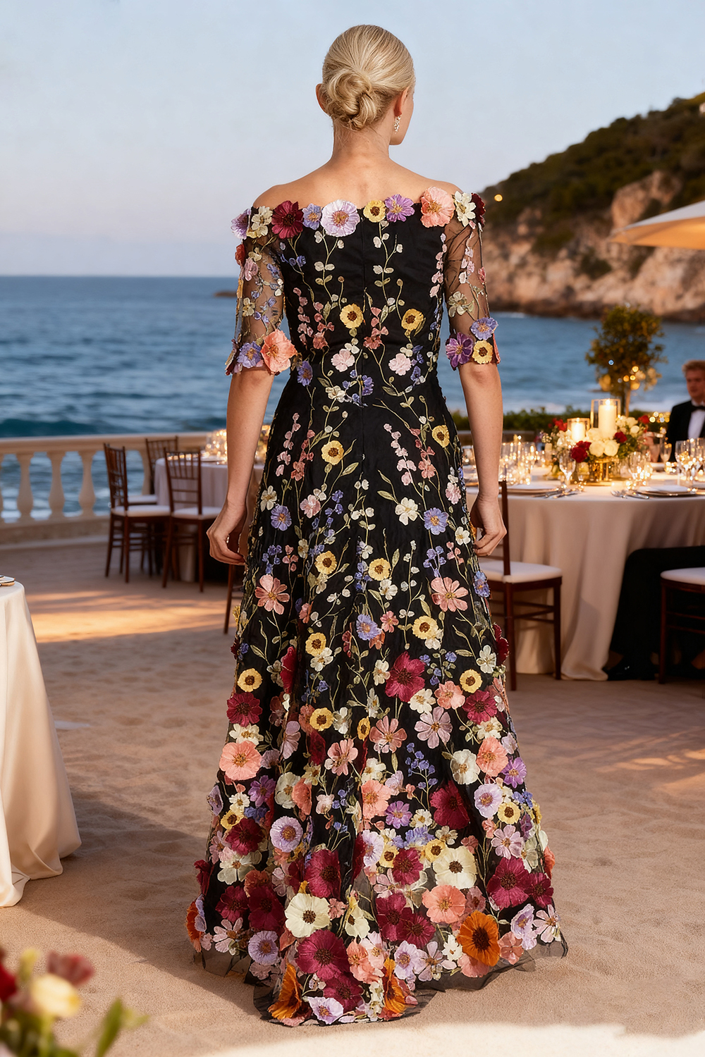 Black Floral Off The Shoulder High-Low Mother Of The Bride Dress with Sleeves