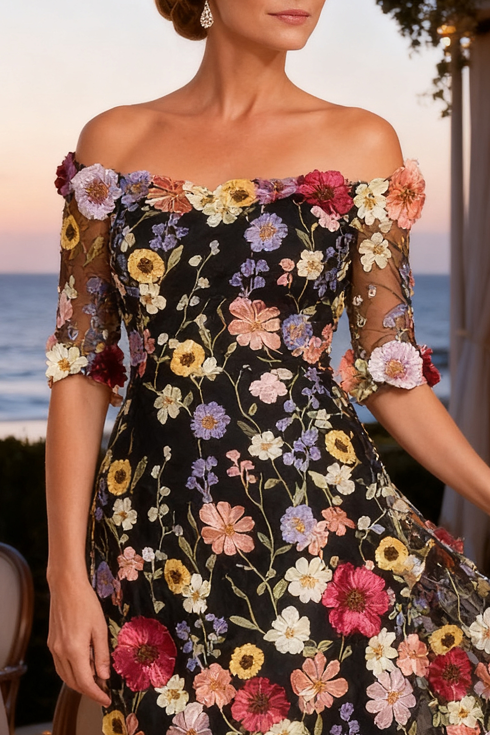 Black Floral Off The Shoulder High-Low Mother Of The Bride Dress with Sleeves