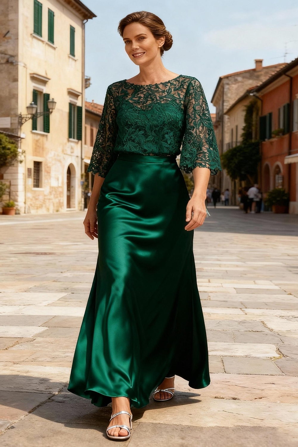 Dusty Sage Satin Bateau Neck Ankle-Length Mother Of The Bride Dress with Sleeves