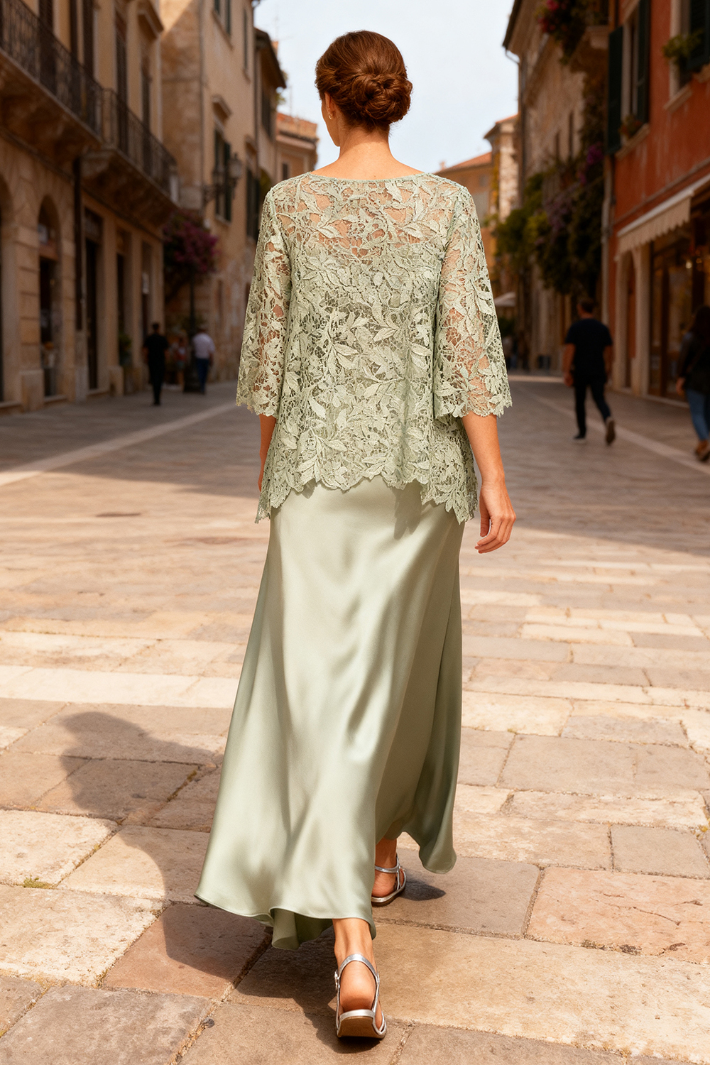 Dusty Sage Satin Bateau Neck Ankle-Length 2-Piece Mother Of The Bride Dress with Sleeves