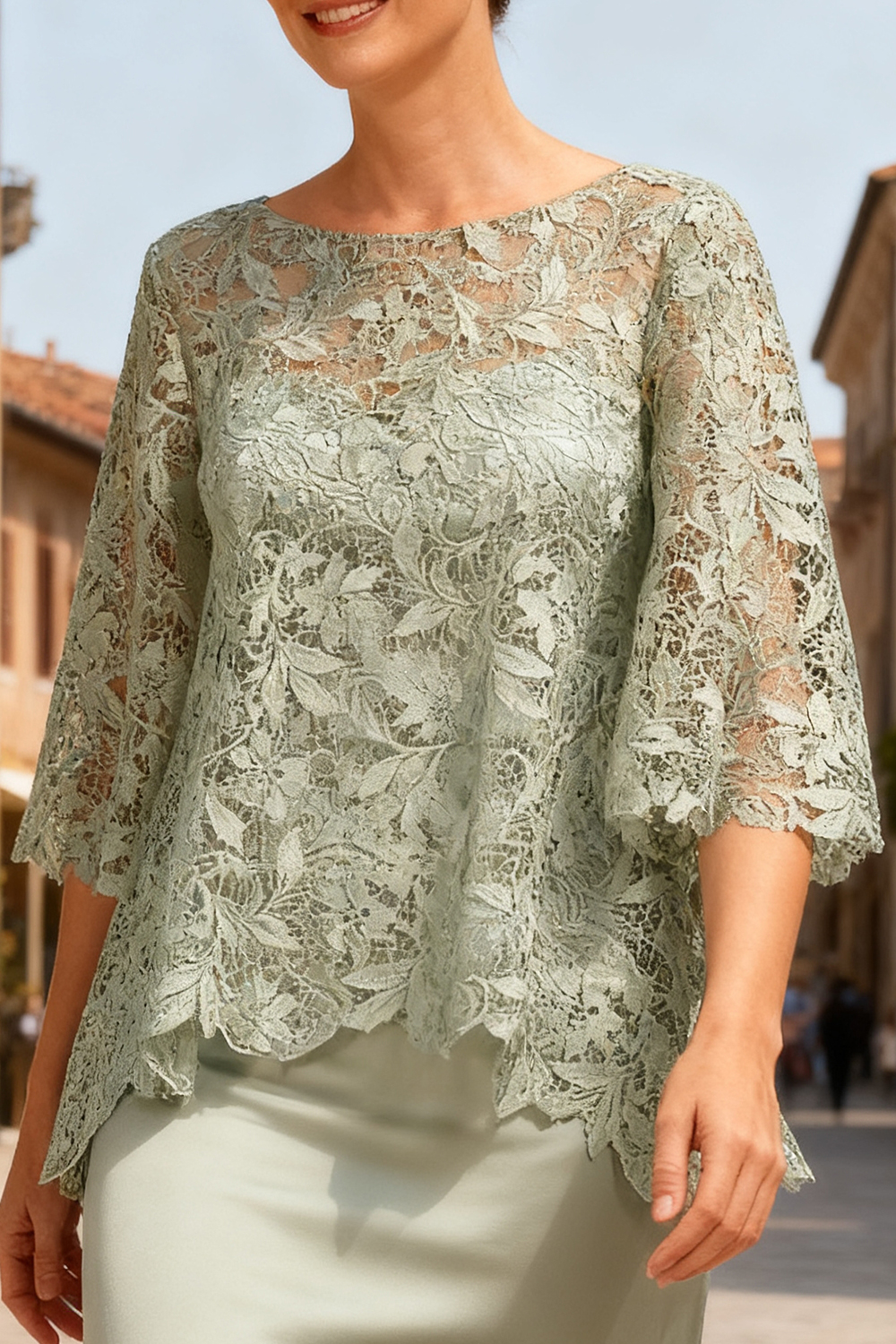 Dusty Sage Satin Bateau Neck Ankle-Length 2-Piece Mother Of The Bride Dress with Sleeves