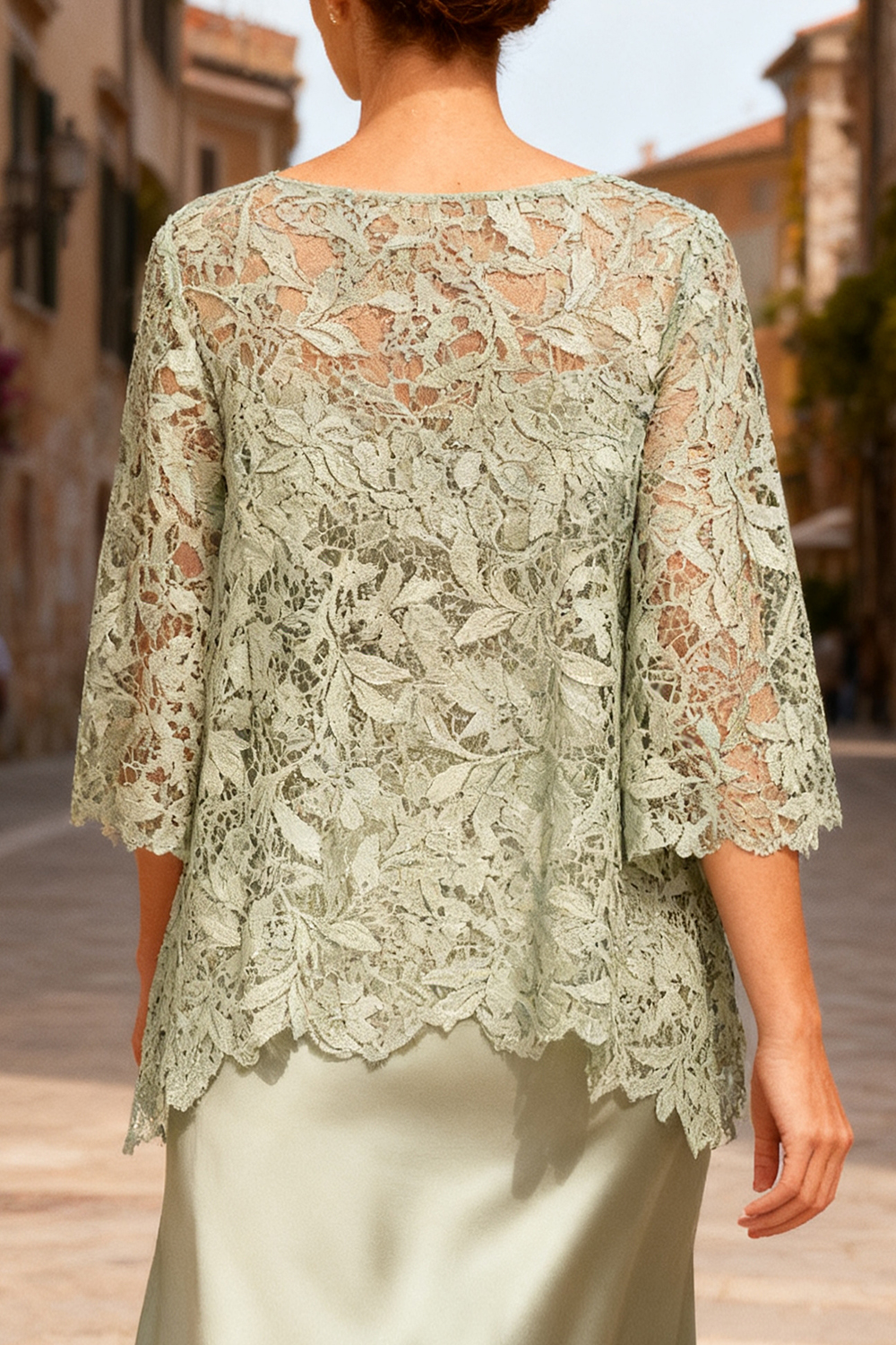 Dusty Sage Satin Bateau Neck Ankle-Length 2-Piece Mother Of The Bride Dress with Sleeves