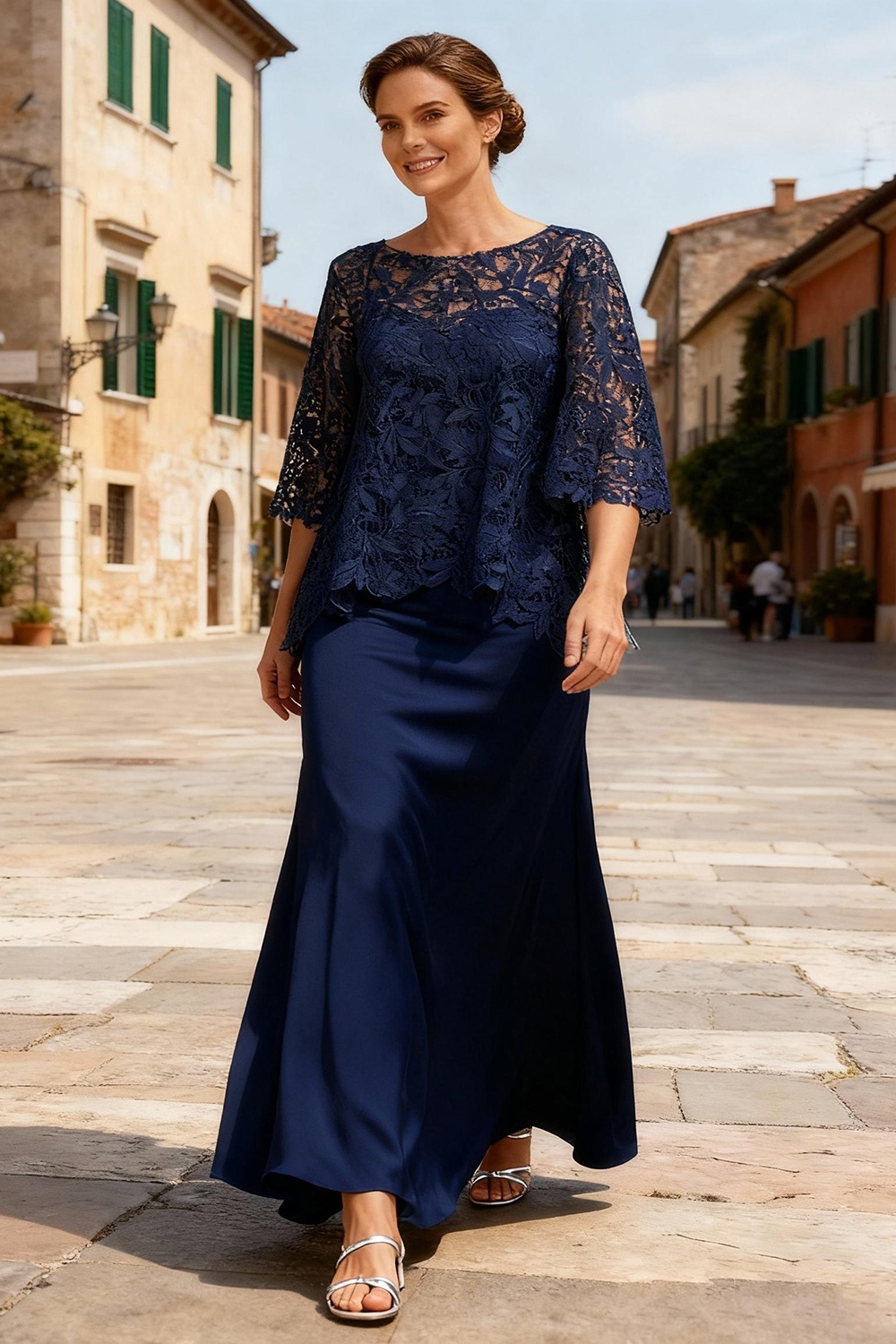 Dusty Sage Satin Bateau Neck Ankle-Length Mother Of The Bride Dress with Sleeves