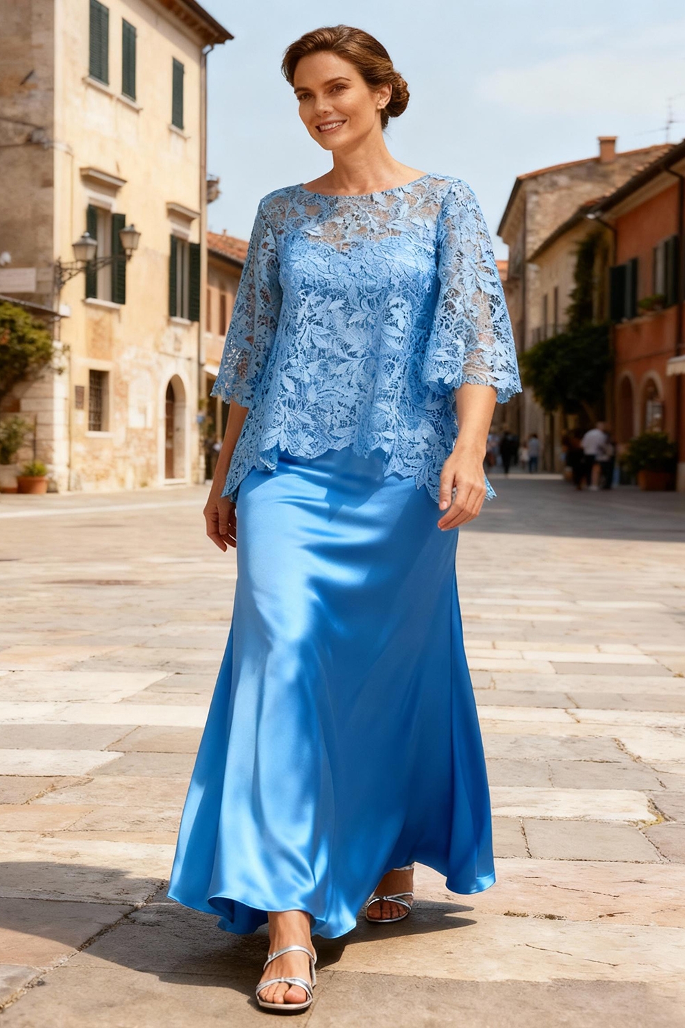 Dusty Sage Satin Bateau Neck Ankle-Length Mother Of The Bride Dress with Sleeves