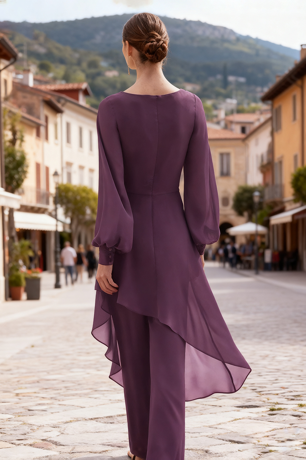 Purple Chiffon Floral V-Neck 2-Piece Mother Of The Bride Pant Suits with Sleeves