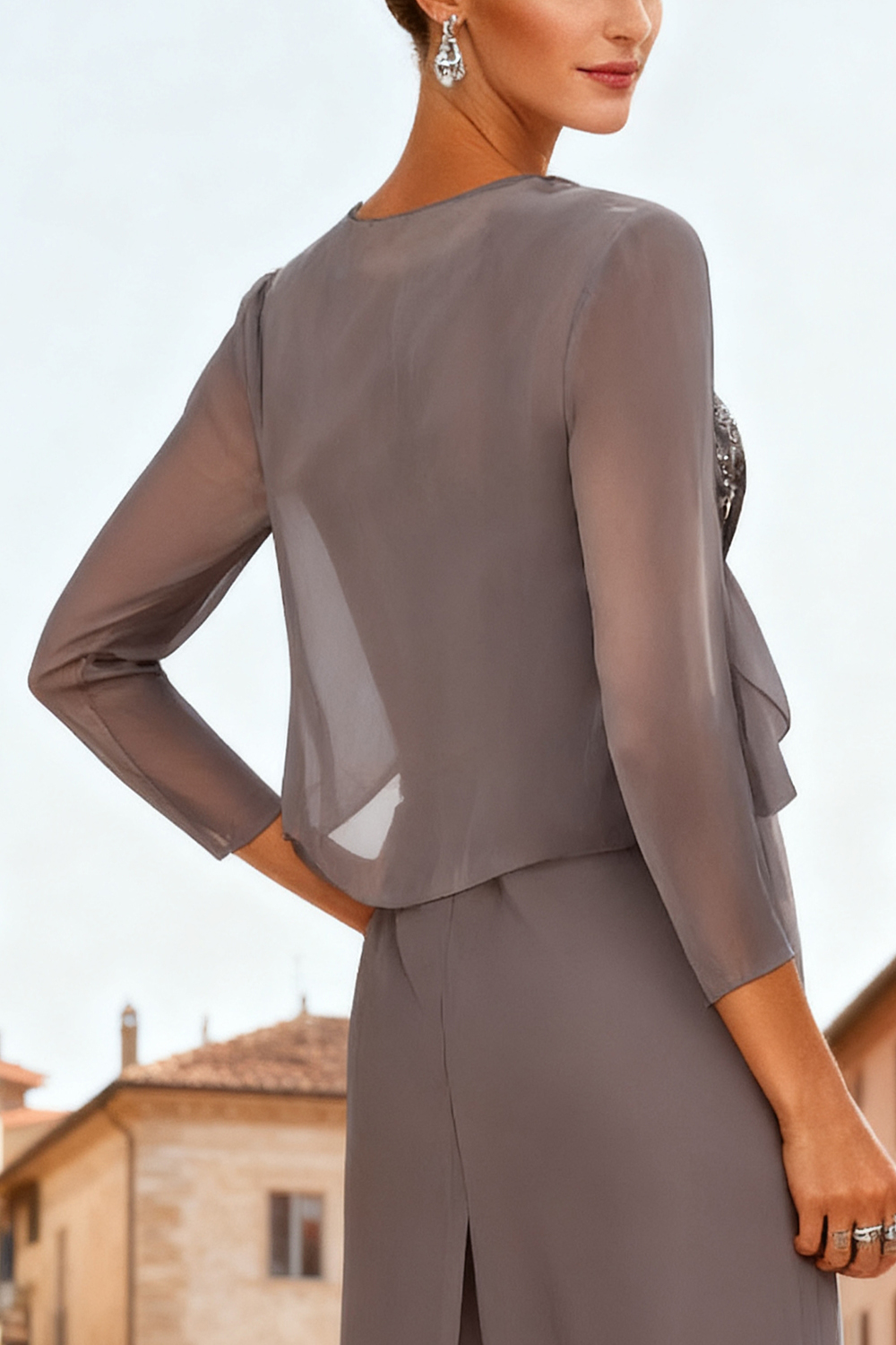 Vintage Mauve Chiffon Bateau Neck 3-Piece Mother Of The Bride Pant Suits with Jacket