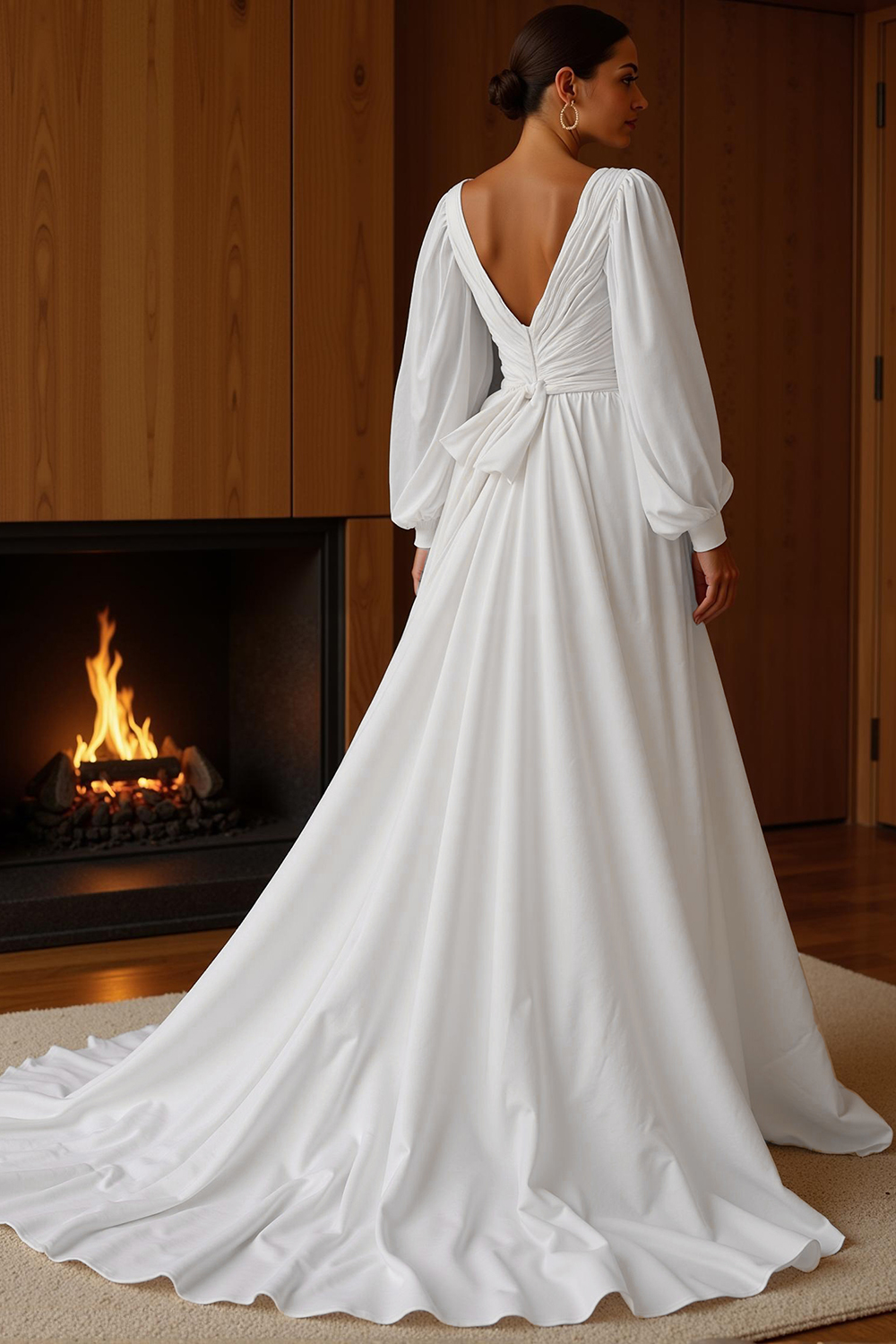 White Chiffon Deep V-Neck A-Line Sweep Train Wedding Dress with Sleeves