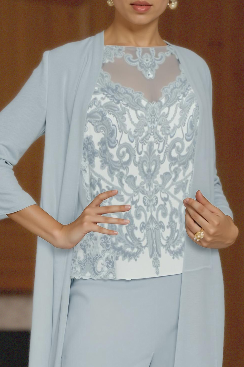 Light Blue Bateau Neck Chiffon 3-Piece Mother of the Bride Pant Suits with Jacket