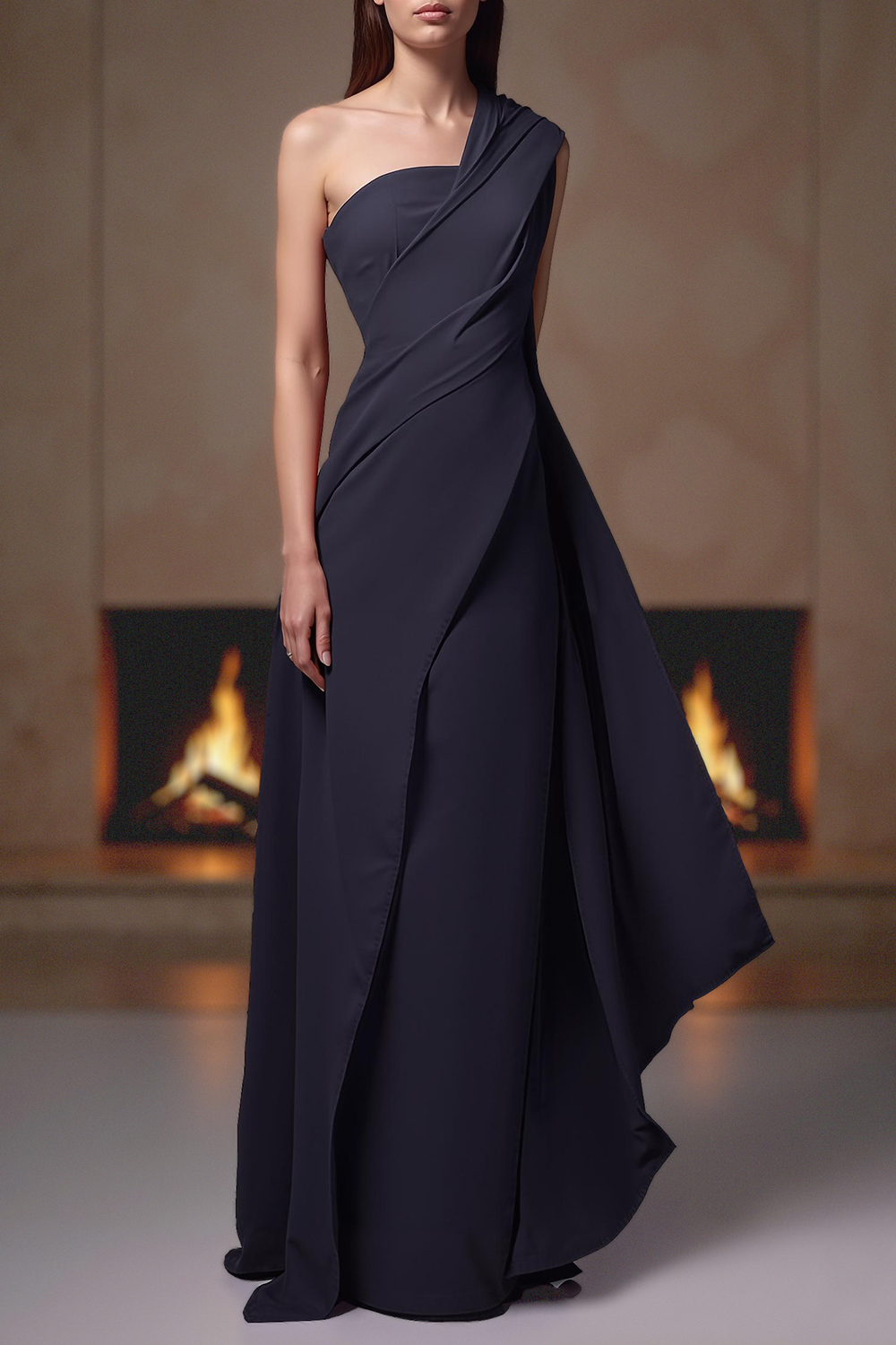 Navy One Shoulder Floor-Length Satin Mother of the Bride Dress
