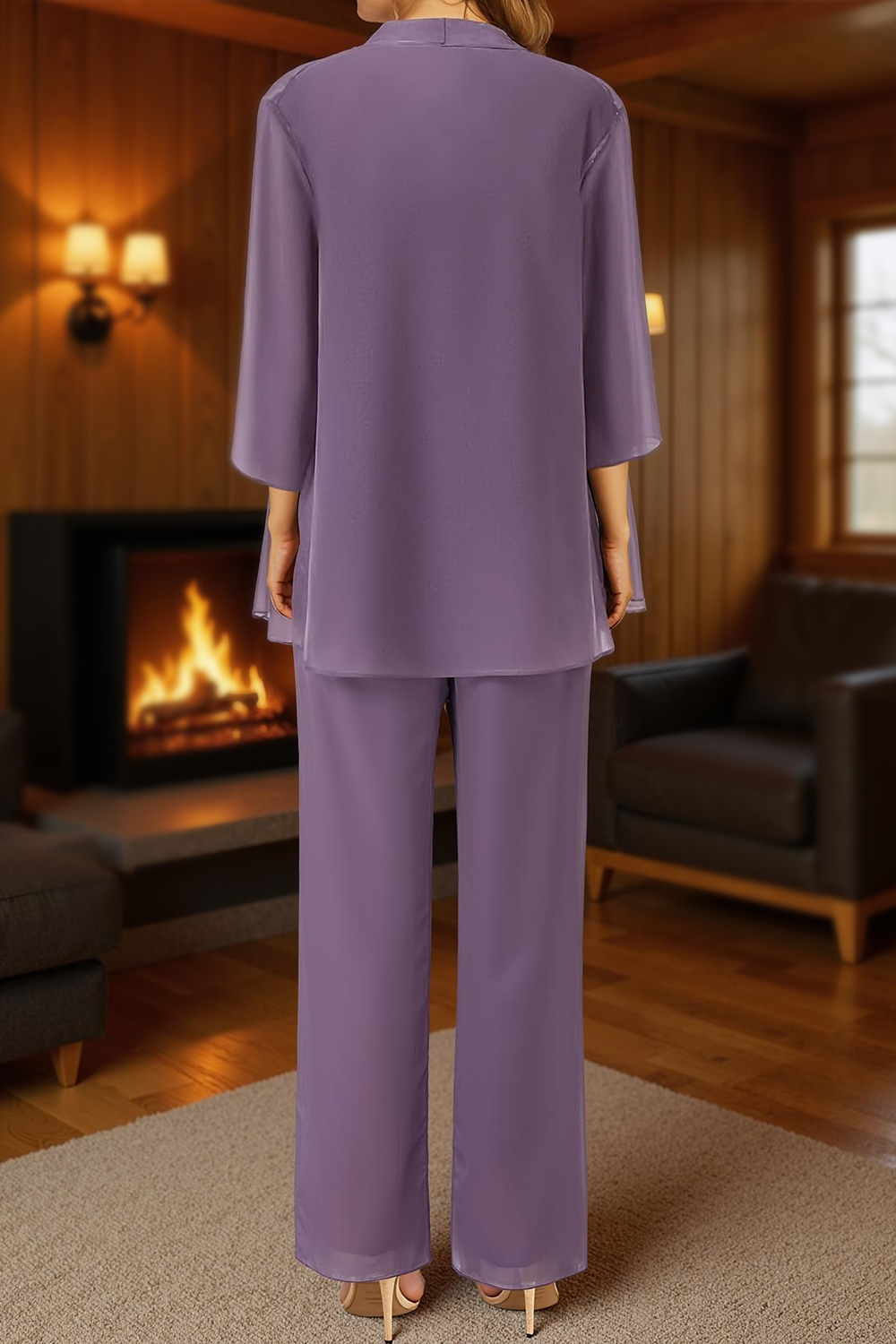 Purple Floral Square Neck Chiffon 3-Piece Mother of the Bride Pant Suits with Jacket