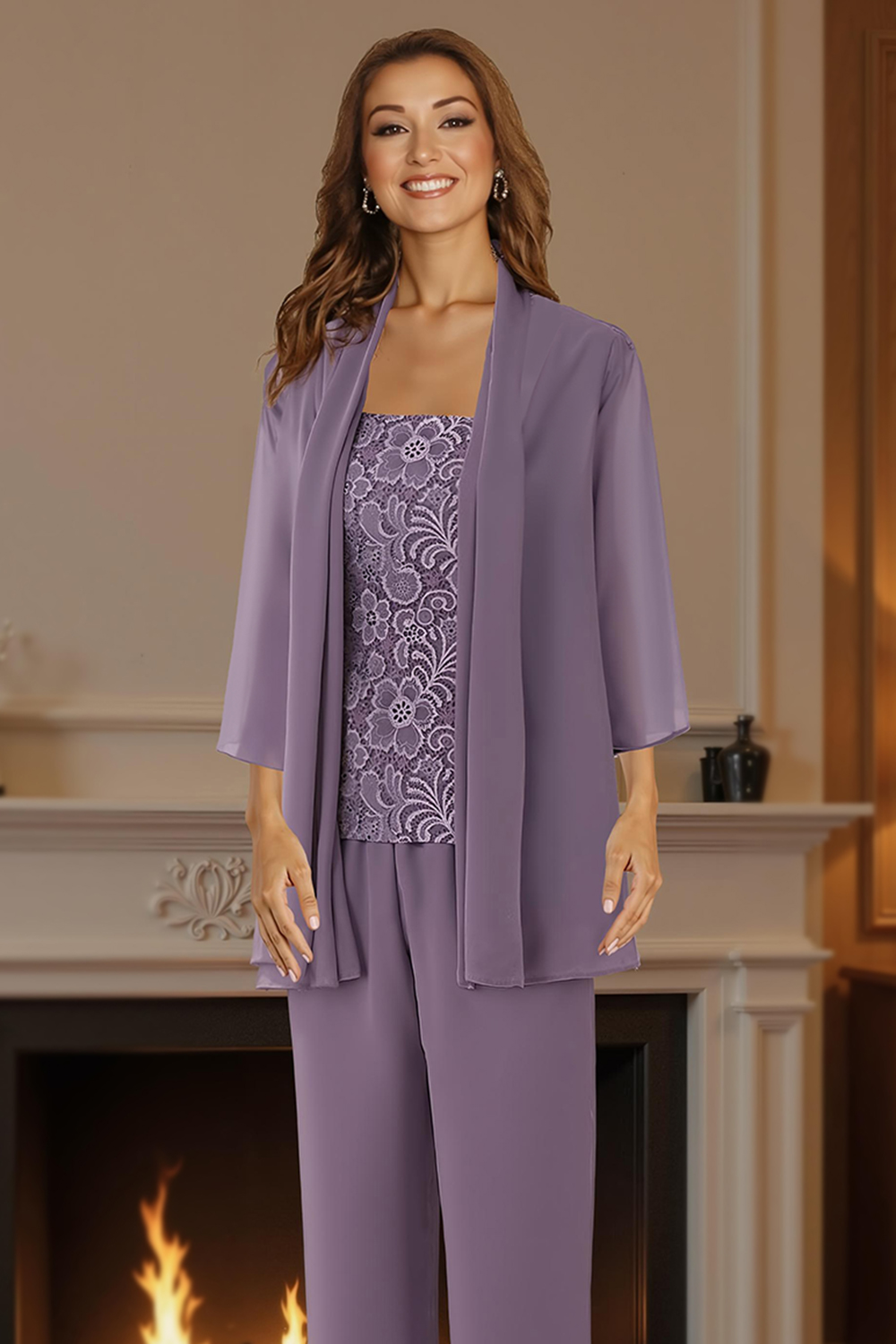 Purple Floral Square Neck Chiffon 3-Piece Mother of the Bride Pant Suits with Jacket