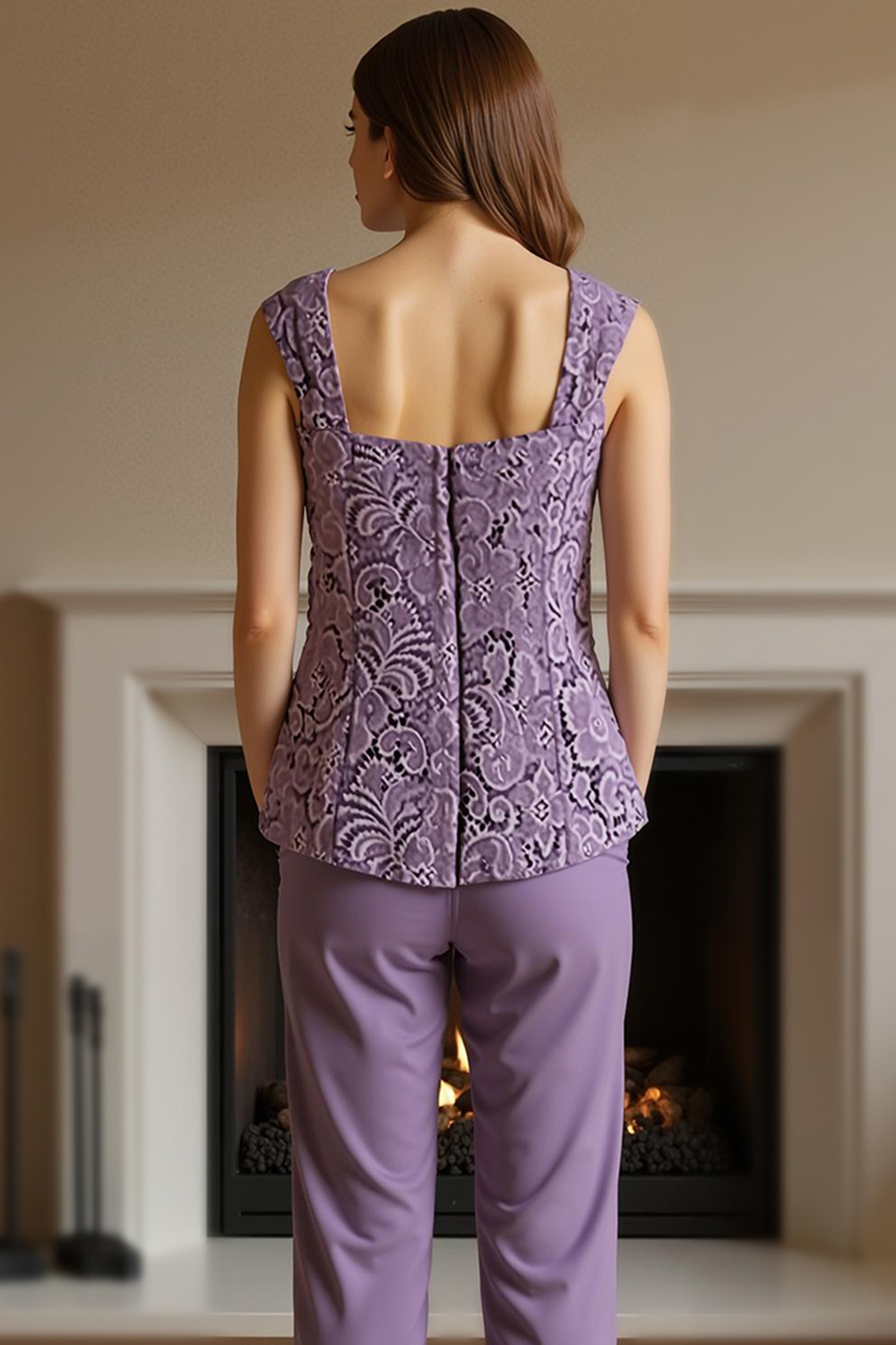 Purple Floral Square Neck Chiffon 3-Piece Mother of the Bride Pant Suits with Jacket