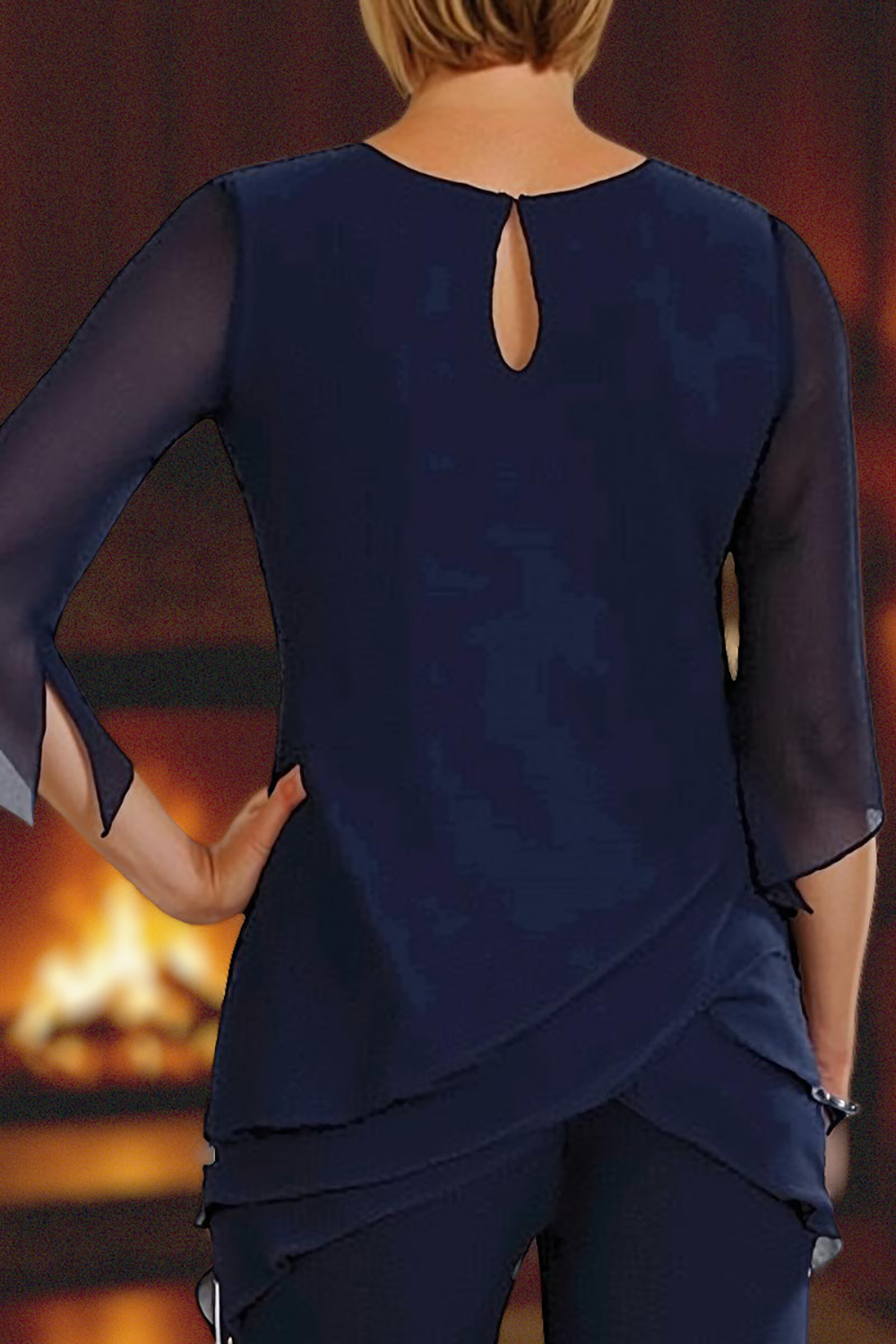 Navy Round Neck Ruffled Chiffon 2-Piece Mother of the Bride Pant Suits with Sleeves