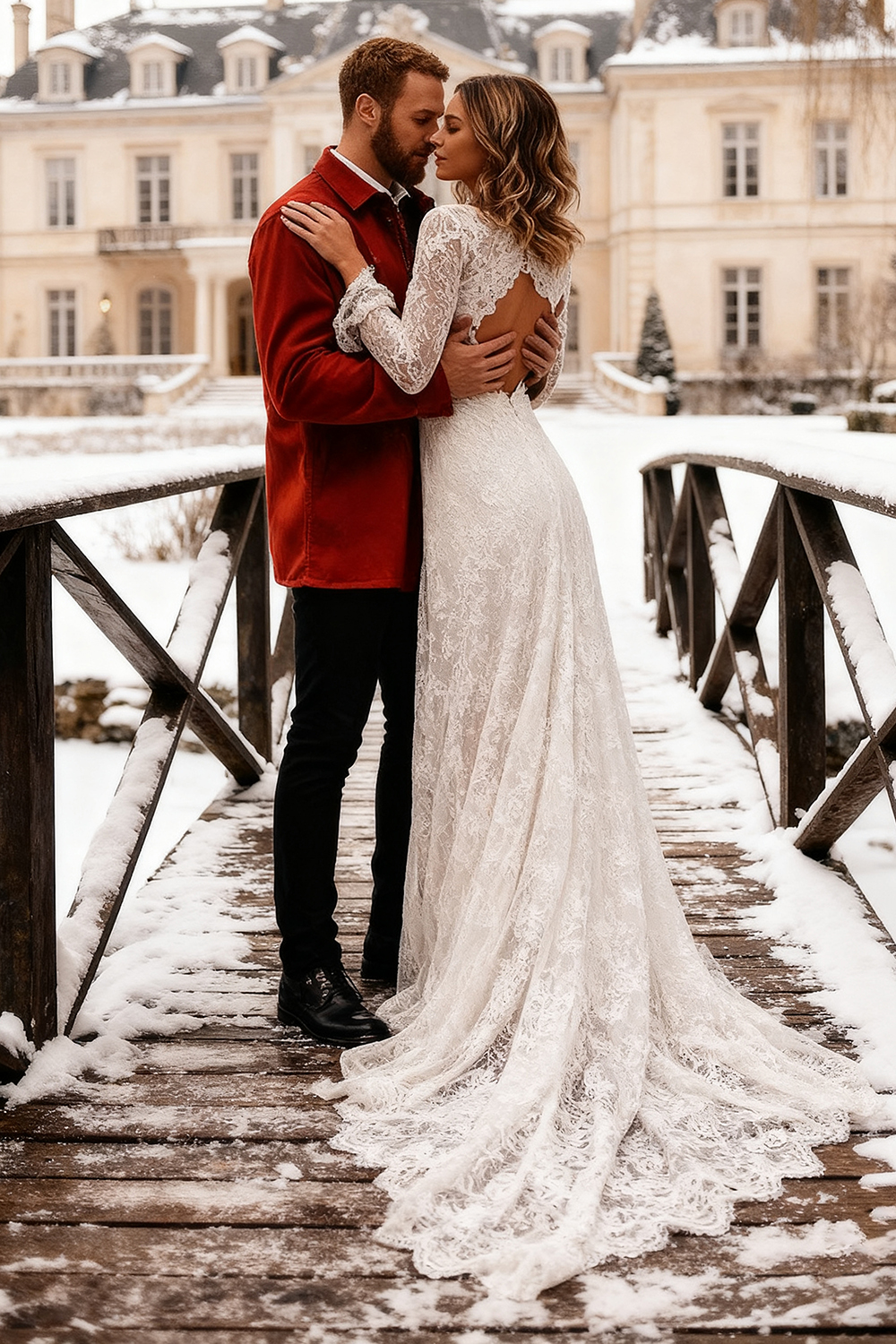 Ivory Lace Deep V-Neck Sweep Train Wedding Dress with Sleeves