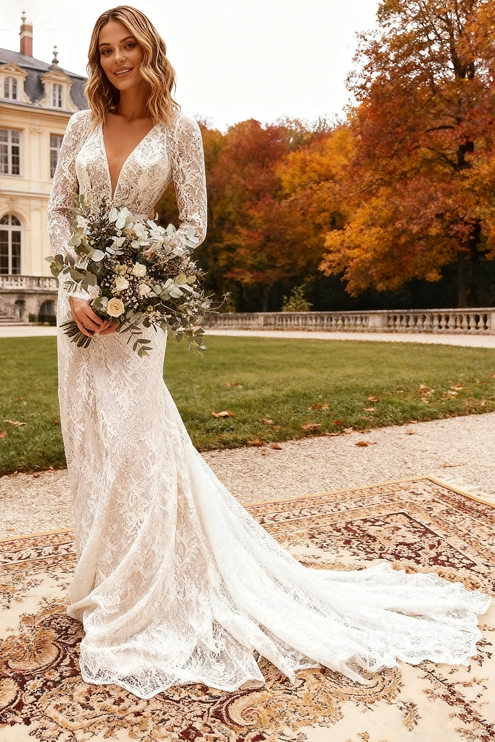 Ivory Lace Deep V-Neck Sweep Train Wedding Dress with Sleeves