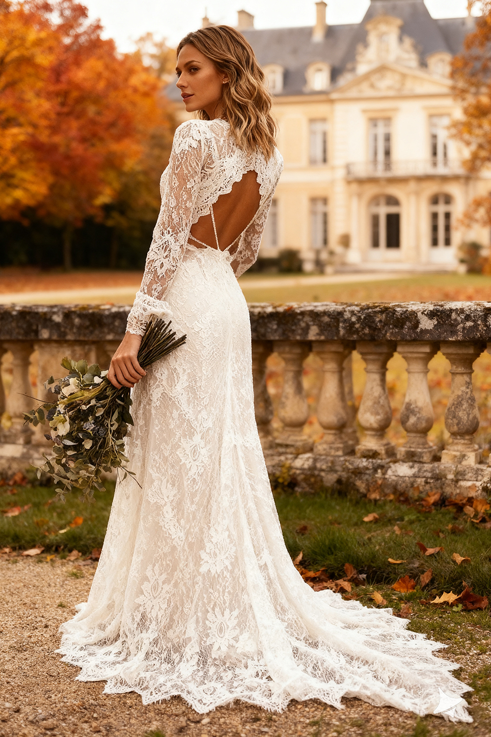 Ivory Lace Deep V-Neck Sweep Train Wedding Dress with Sleeves