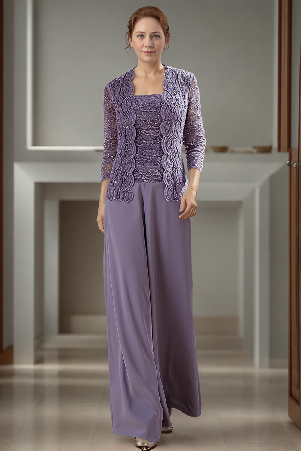 Purple Bateau Neck Chiffon 3-Piece Mother of the Bride Pant Suits with Jacket